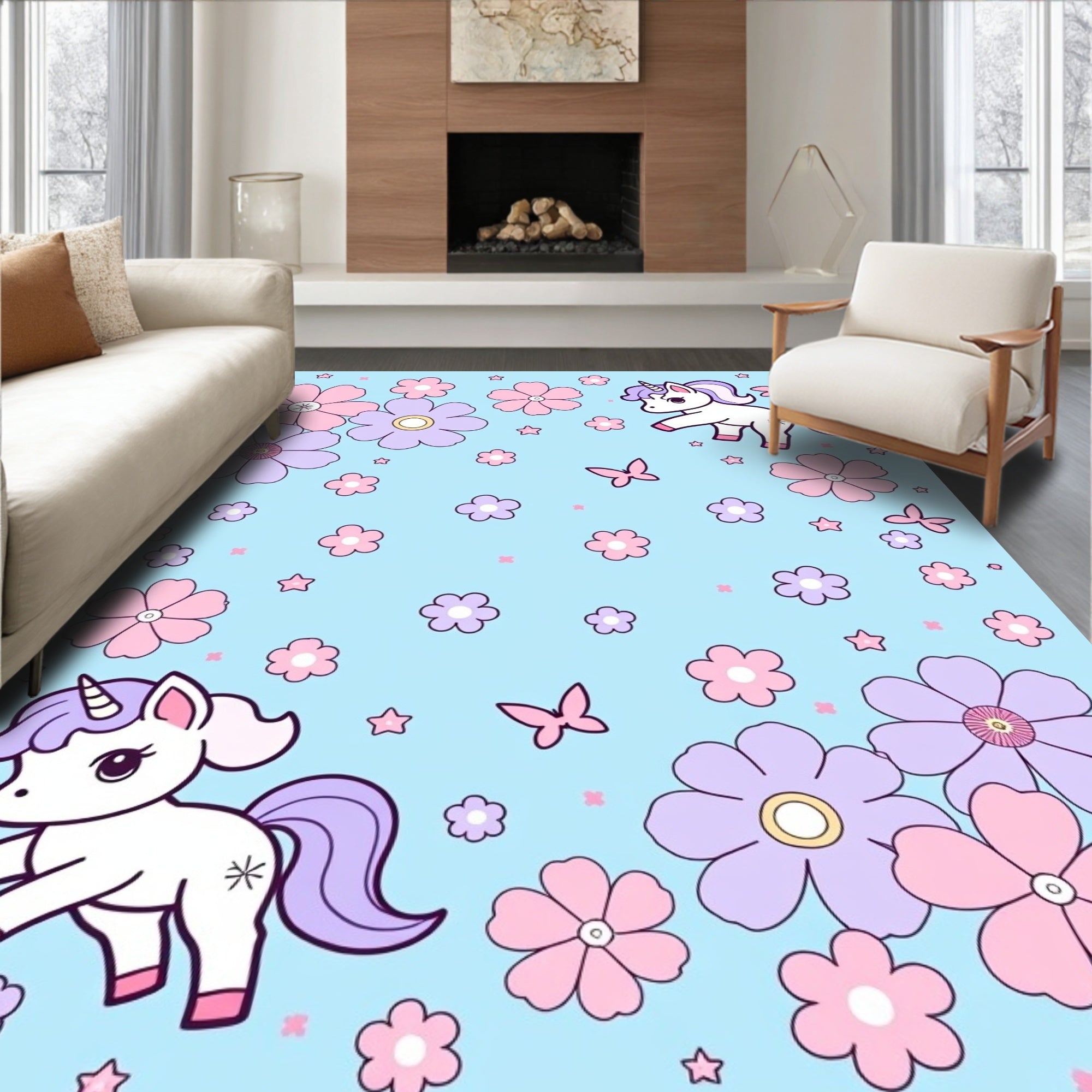 Whimsical Unicorn Floral Butterfly Pastel Rug