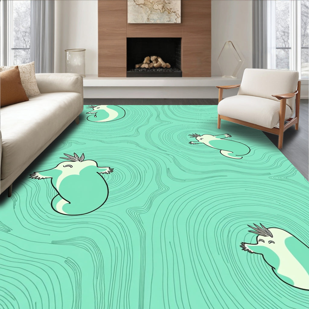 Teal Cartoon Creatures Flowing Waves Rug