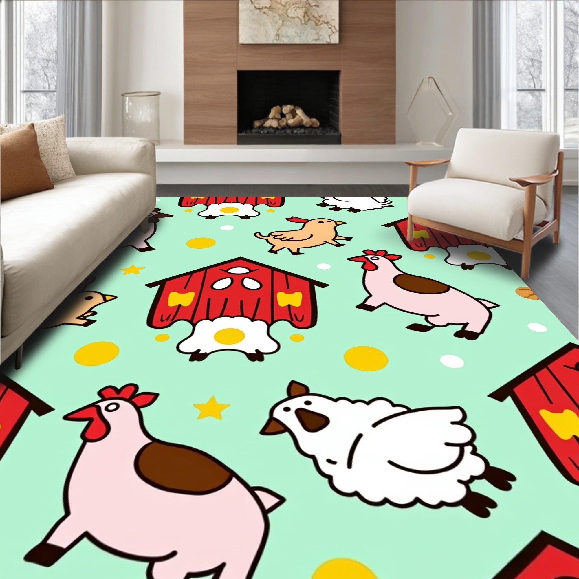 Farm Animals Red Barn Mint Background Rug