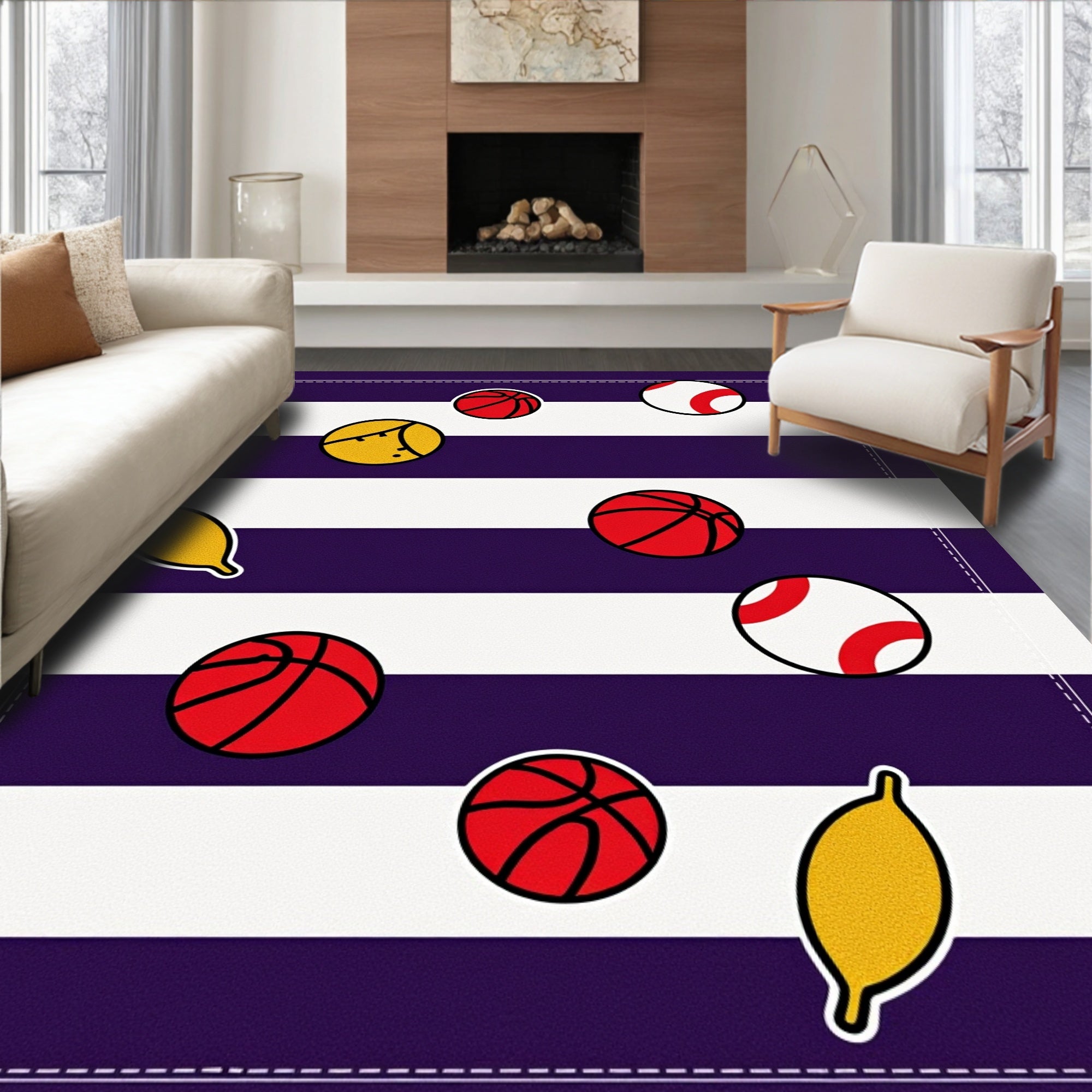 Purple White Striped Sports Balls Rug