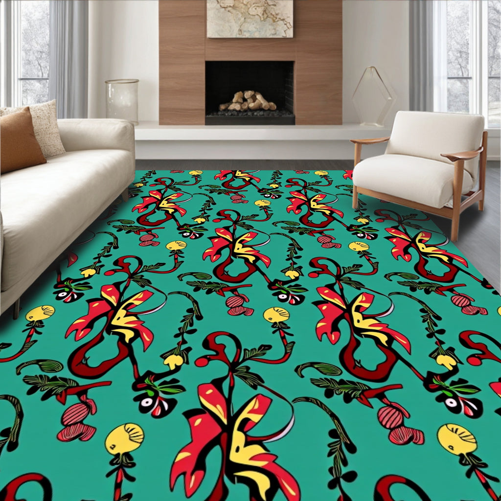 Red Yellow Teal Floral Swirl Rug