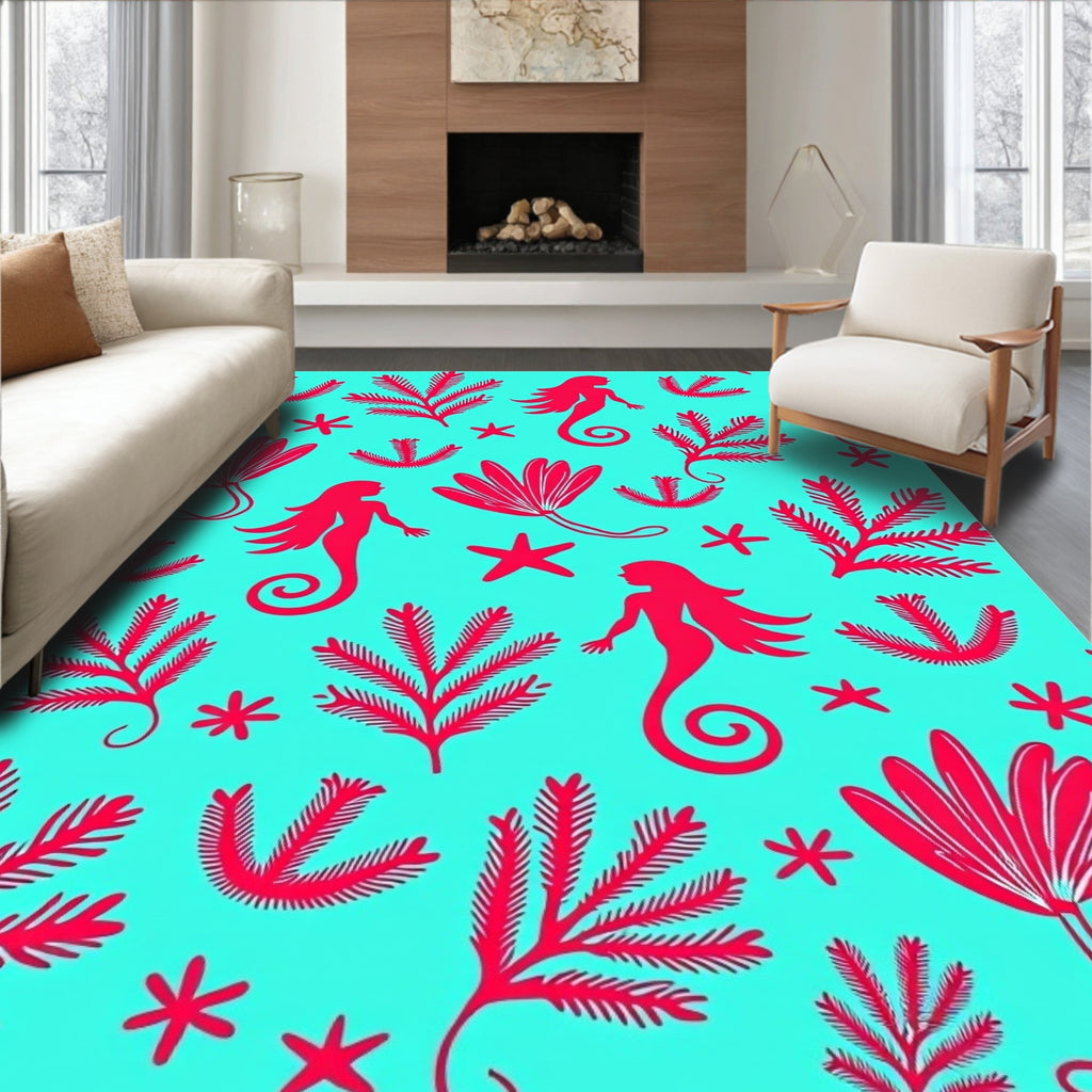 Aqua Mermaid Coral Starfish Silhouette Rug