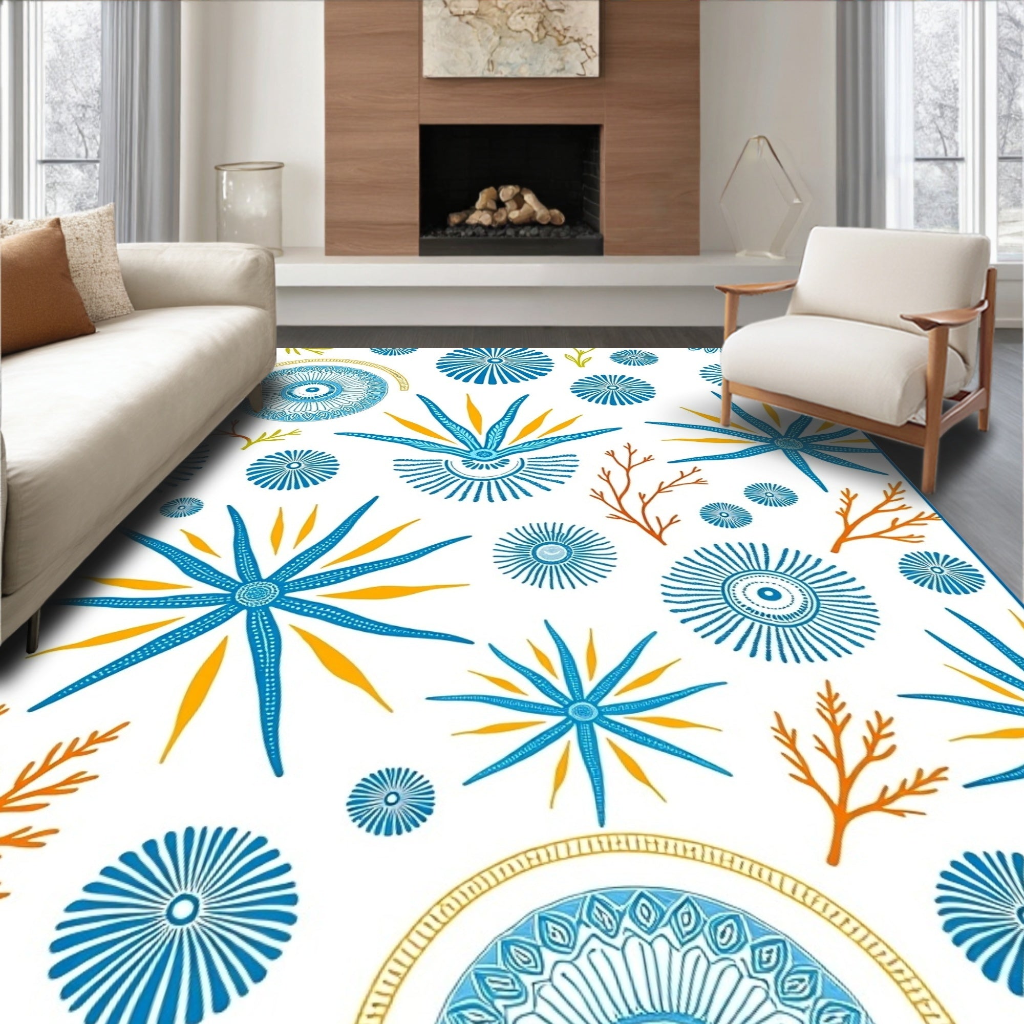 Coastal Blue Sunburst Starburst Medallion Rug