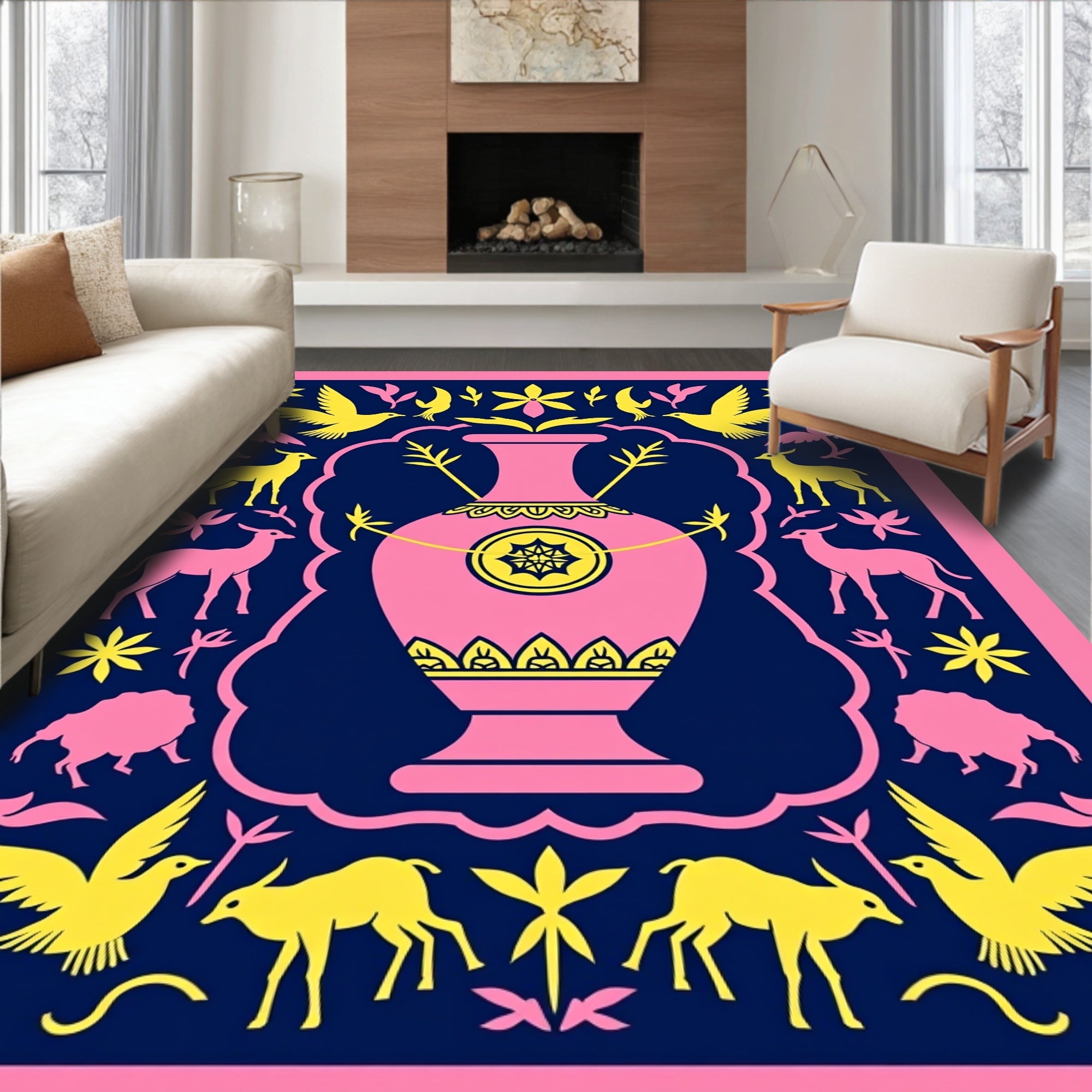 Pink Vase Yellow Birds Deer Border Rug