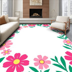 Pink Floral Border with Green Leaves Rug