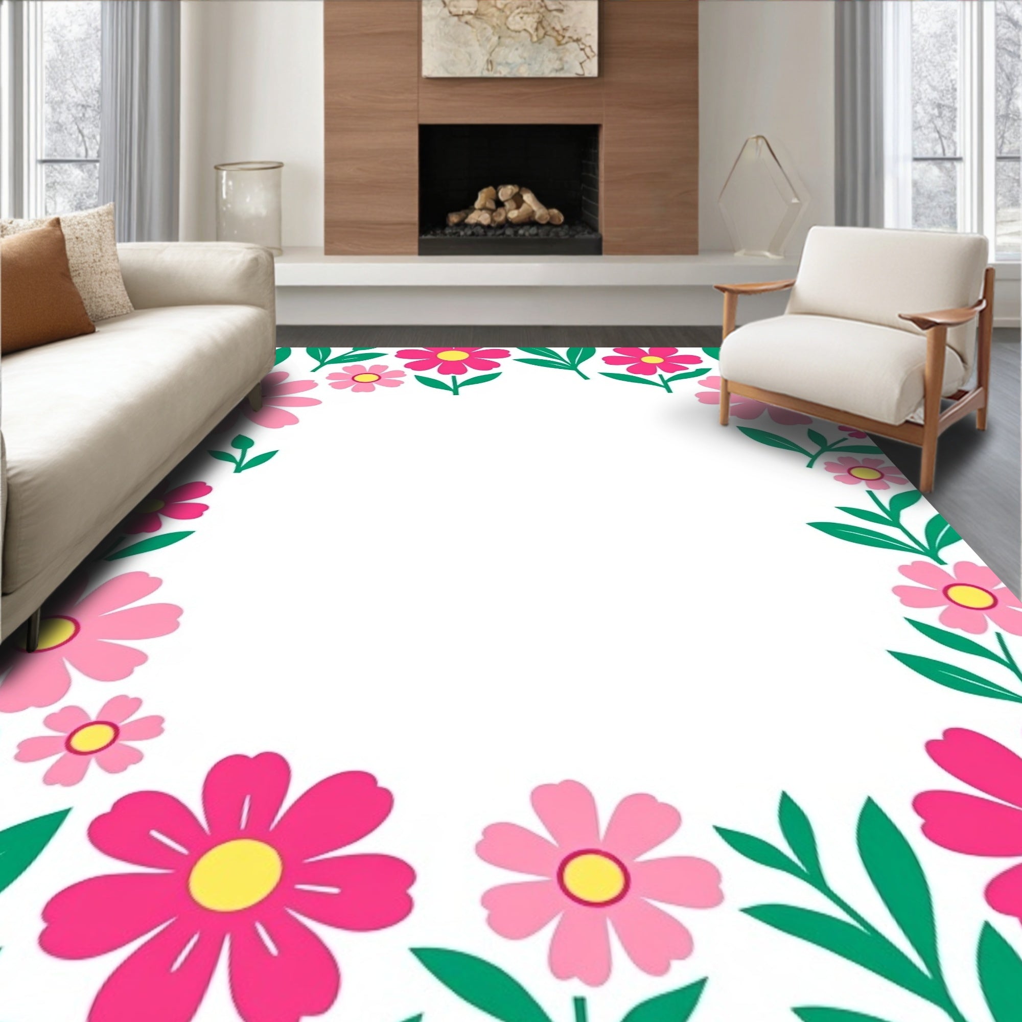 Pink Floral Border with Green Leaves Rug