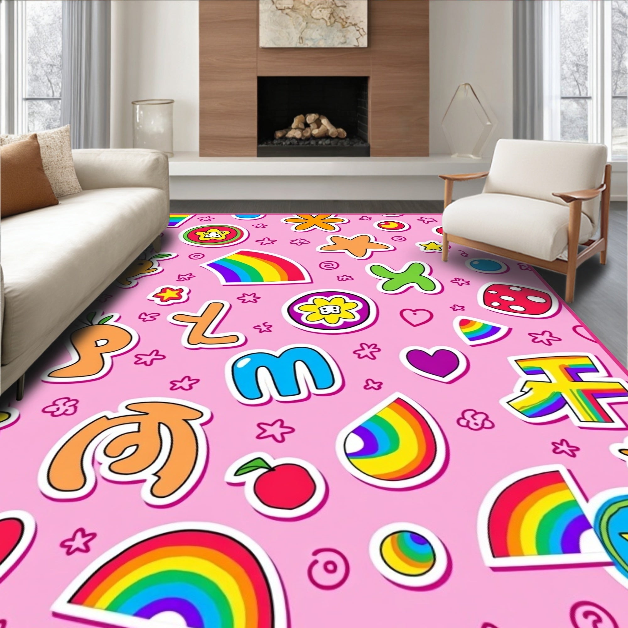 Whimsical Pink Rainbow Character Medley Rug