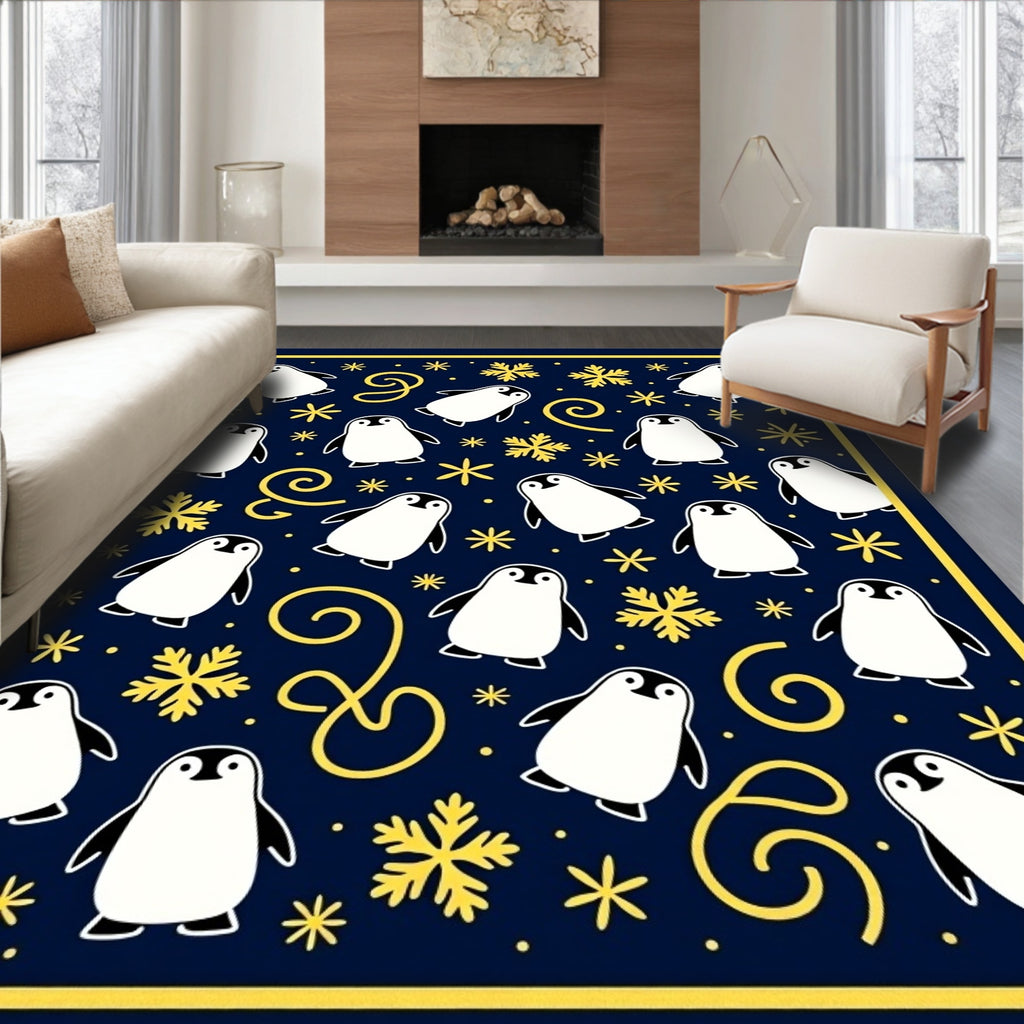 Navy Blue Penguin Snowflakes Whimsical Rug