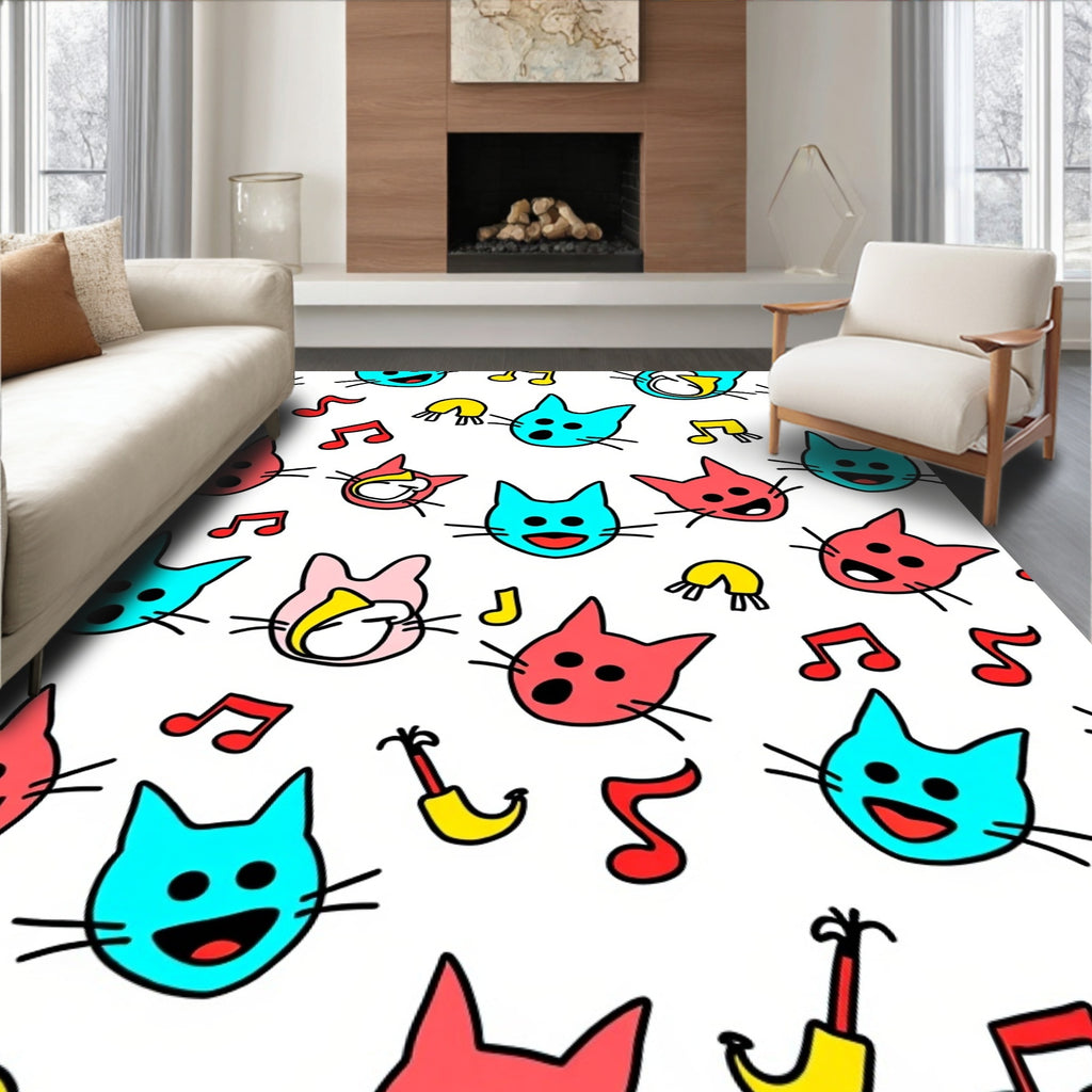 Playful Red Blue Cats Music Notes Rug
