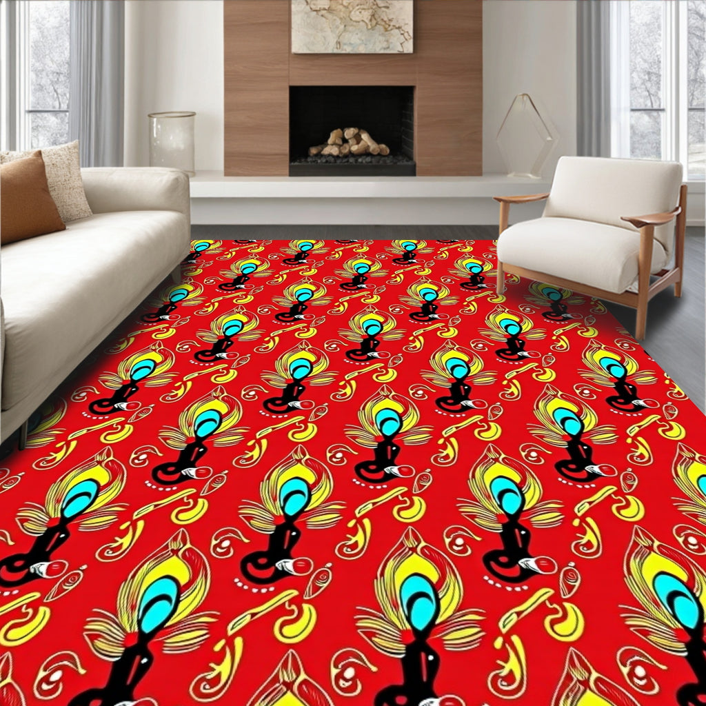 Vibrant Red Peacock Feather Swirl Rug