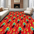 Vibrant Red Peacock Feather Swirl Rug
