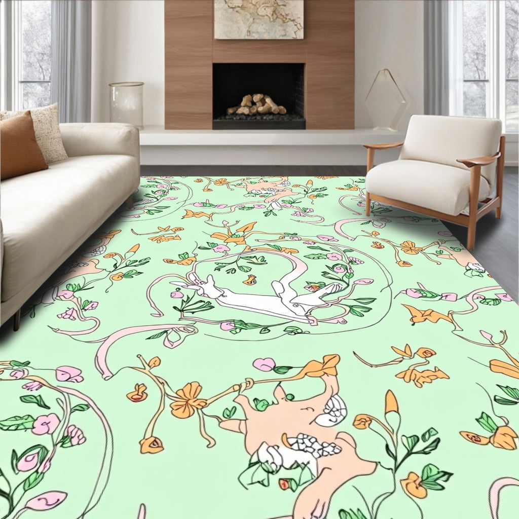 Whimsical White Hare Floral Garden Rug