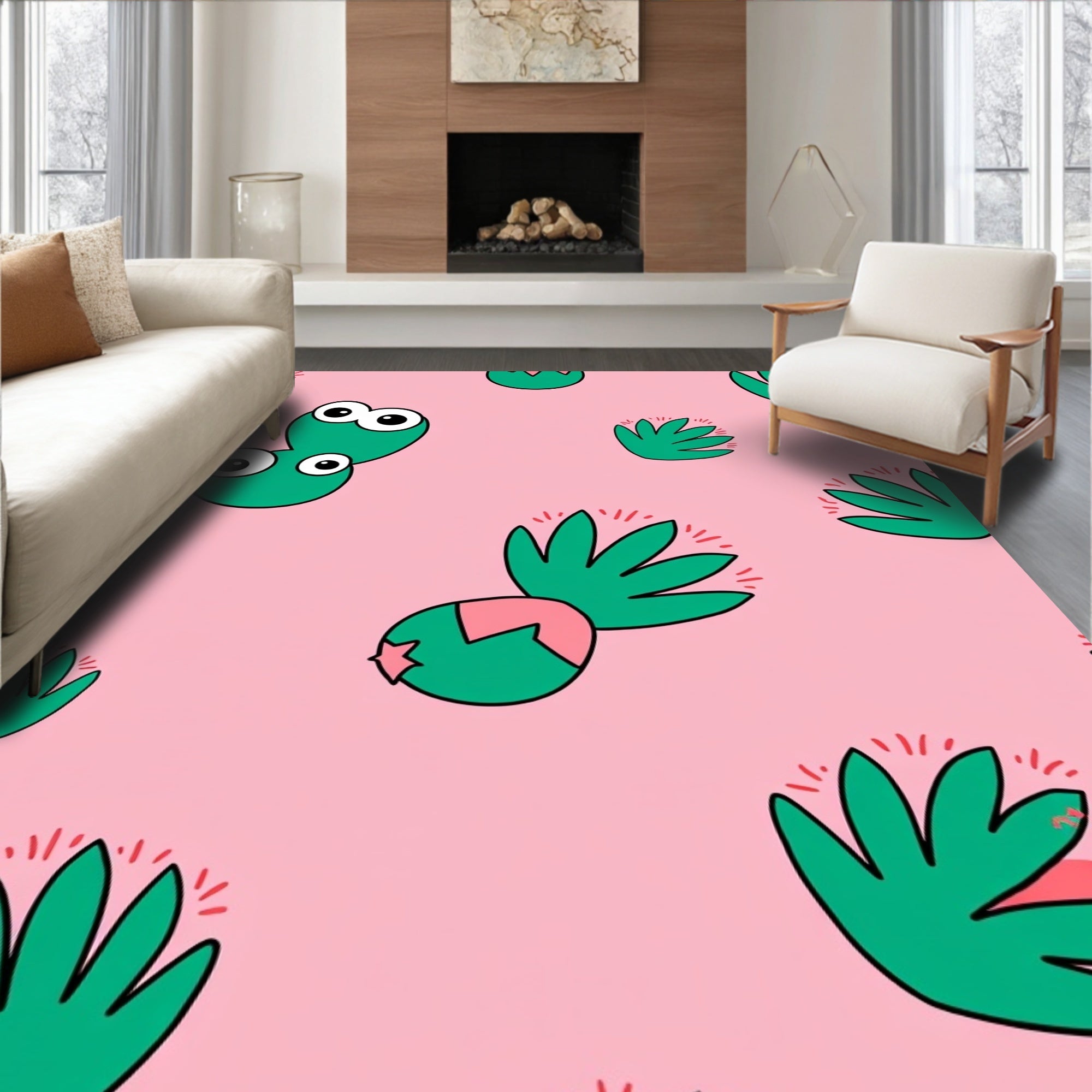 Pink Green Cute Cactus Garden Rug