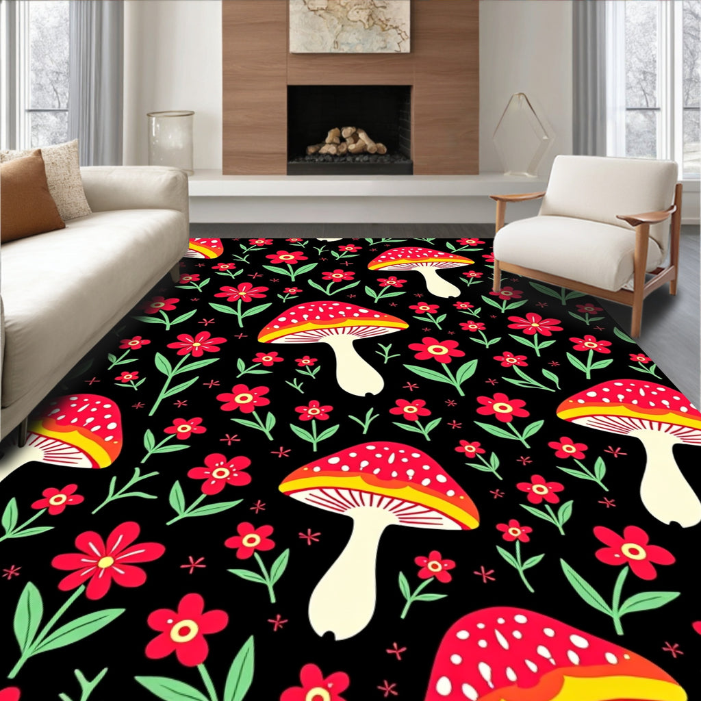 Red Mushroom Garden Floral Black Rug