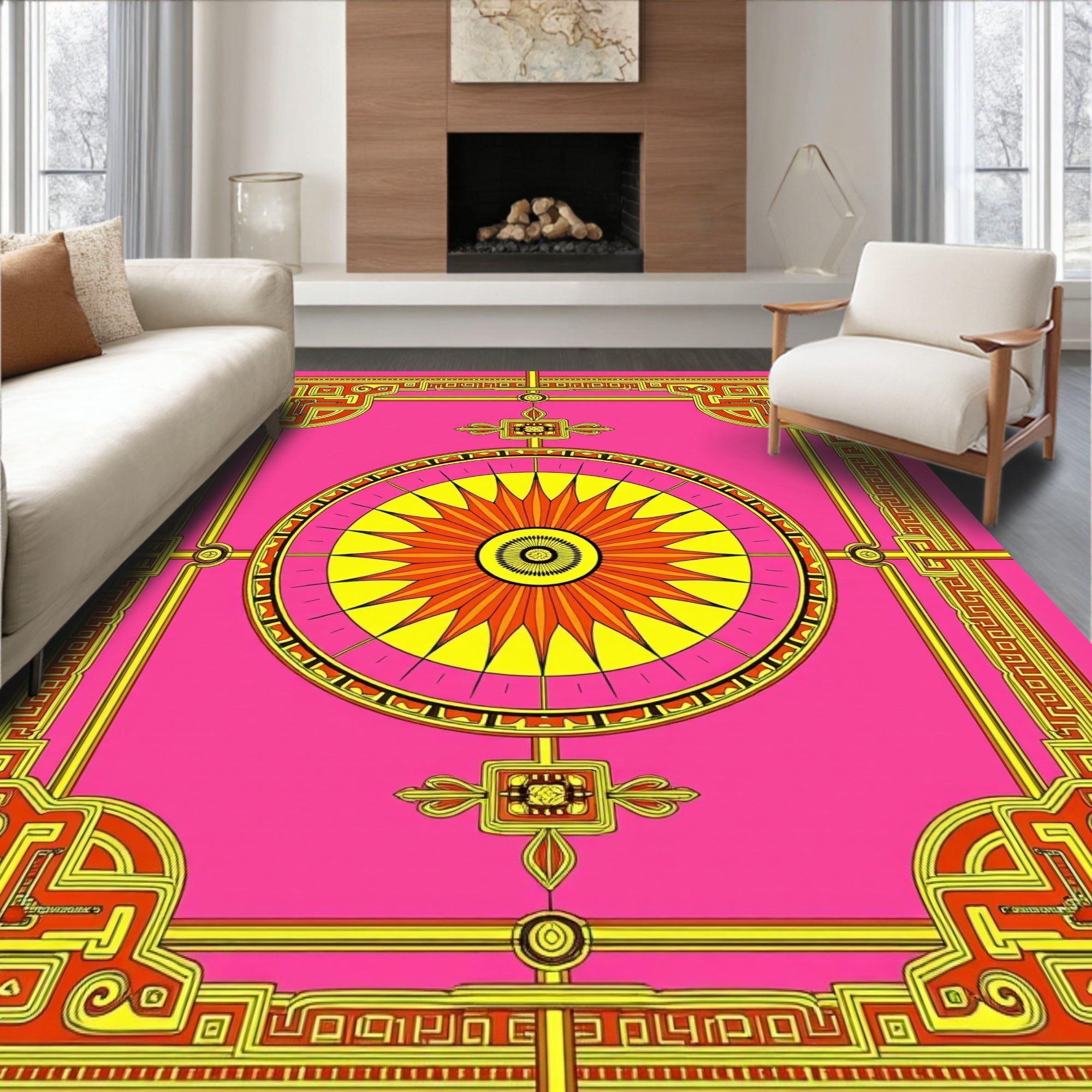 Vibrant Pink Sunburst Geometric Medallion Rug