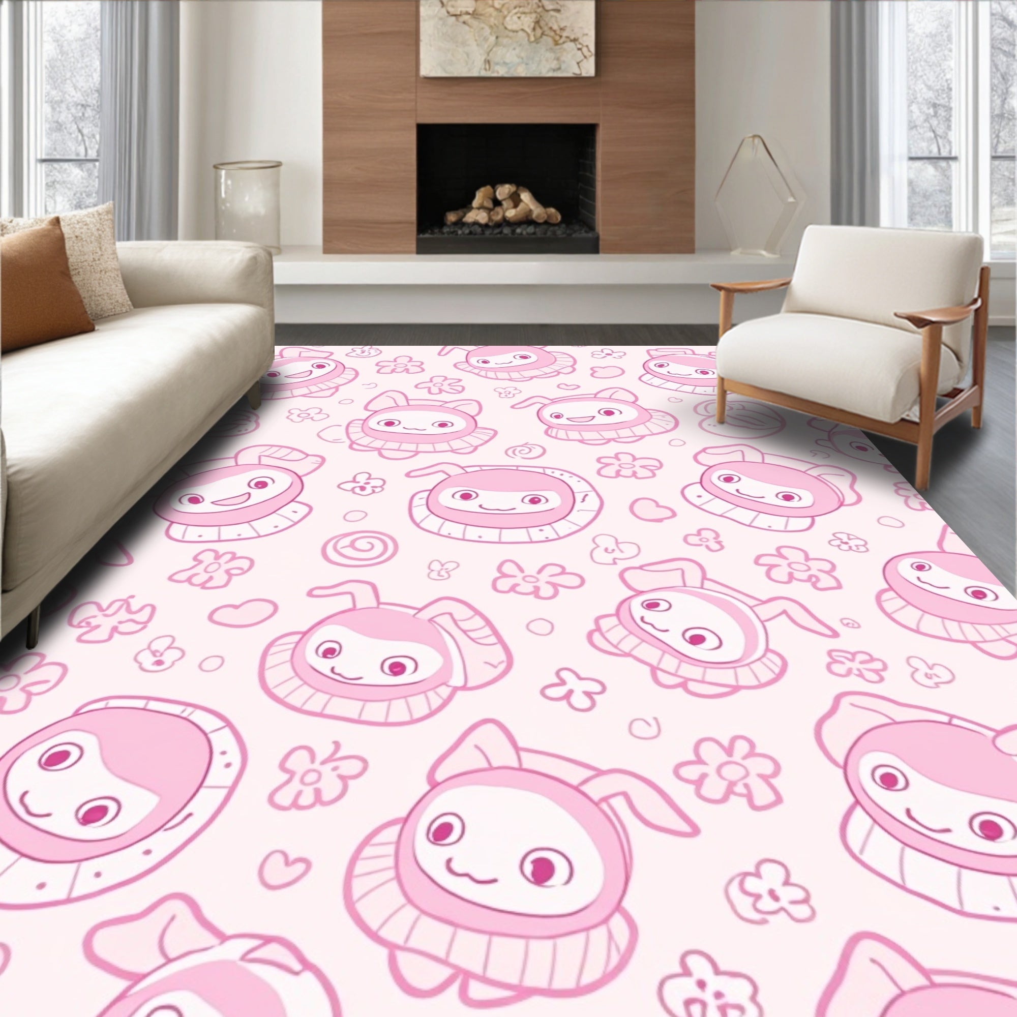 Pink Kawaii Bunny Floral Heart Filled Rug