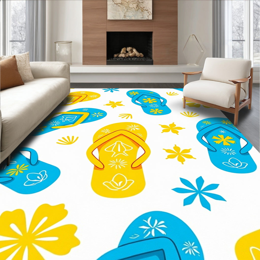 Bright Yellow Blue Flip Flop Flowers Rug