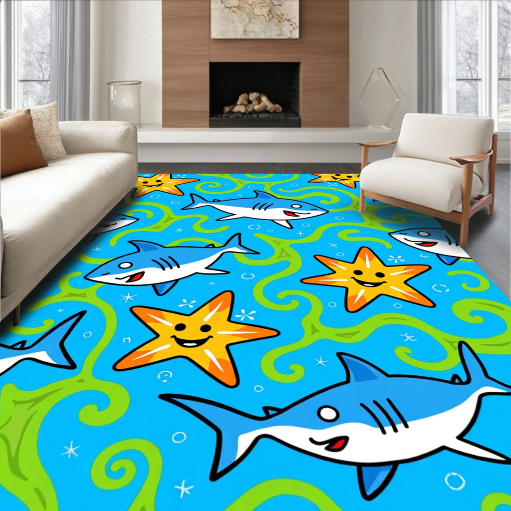 Cute Blue Sharks Yellow Starfish Green Swirls Rug
