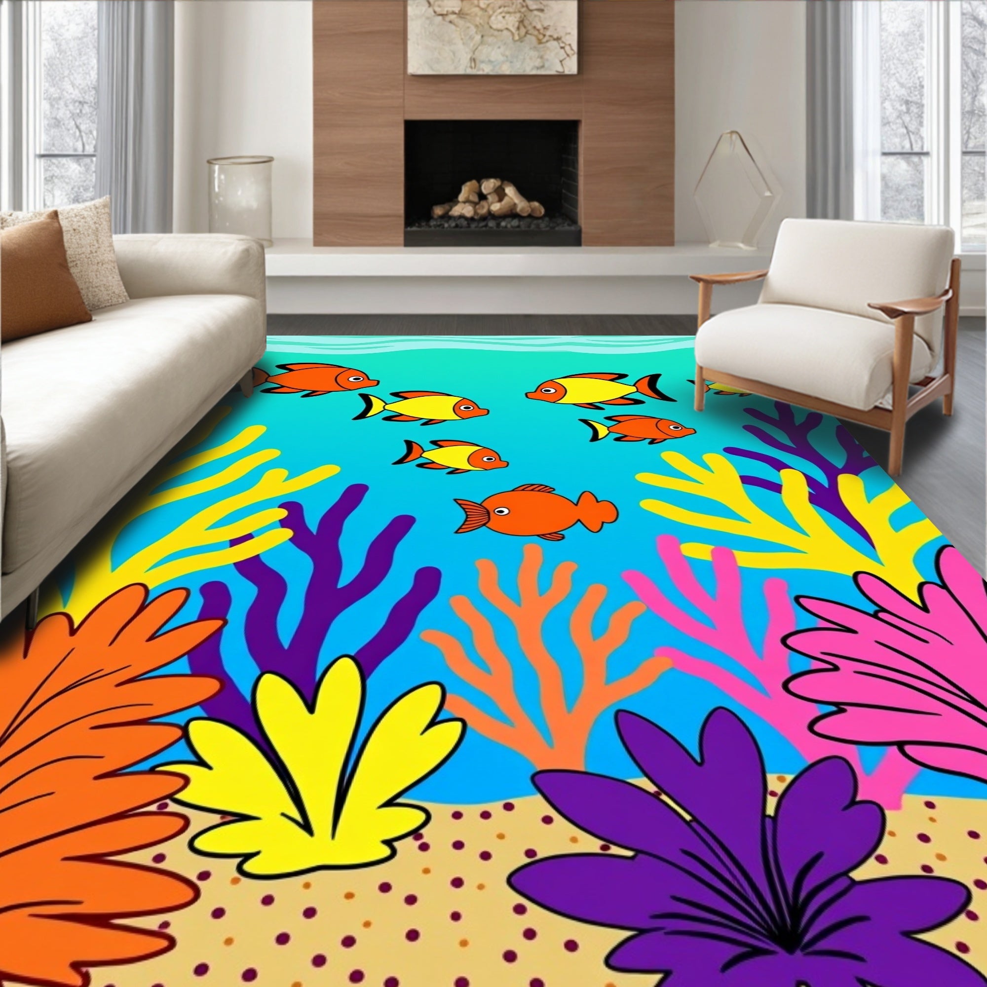 Bright Orange Yellow Fish Coral Rug