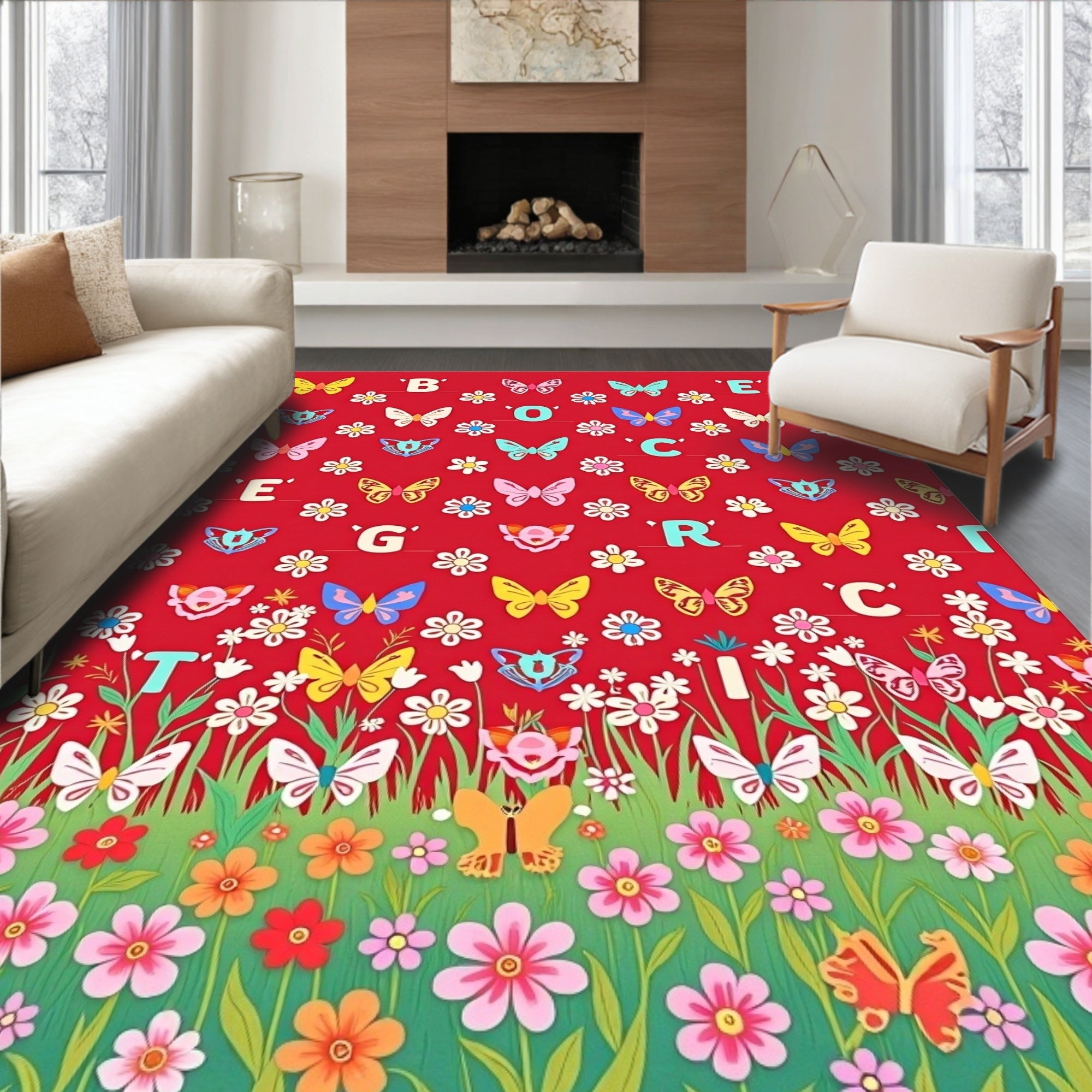 Whimsical Butterflies and Flowers Garden Rug