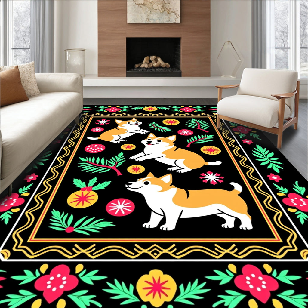 Whimsical Corgi Floral Border Rug