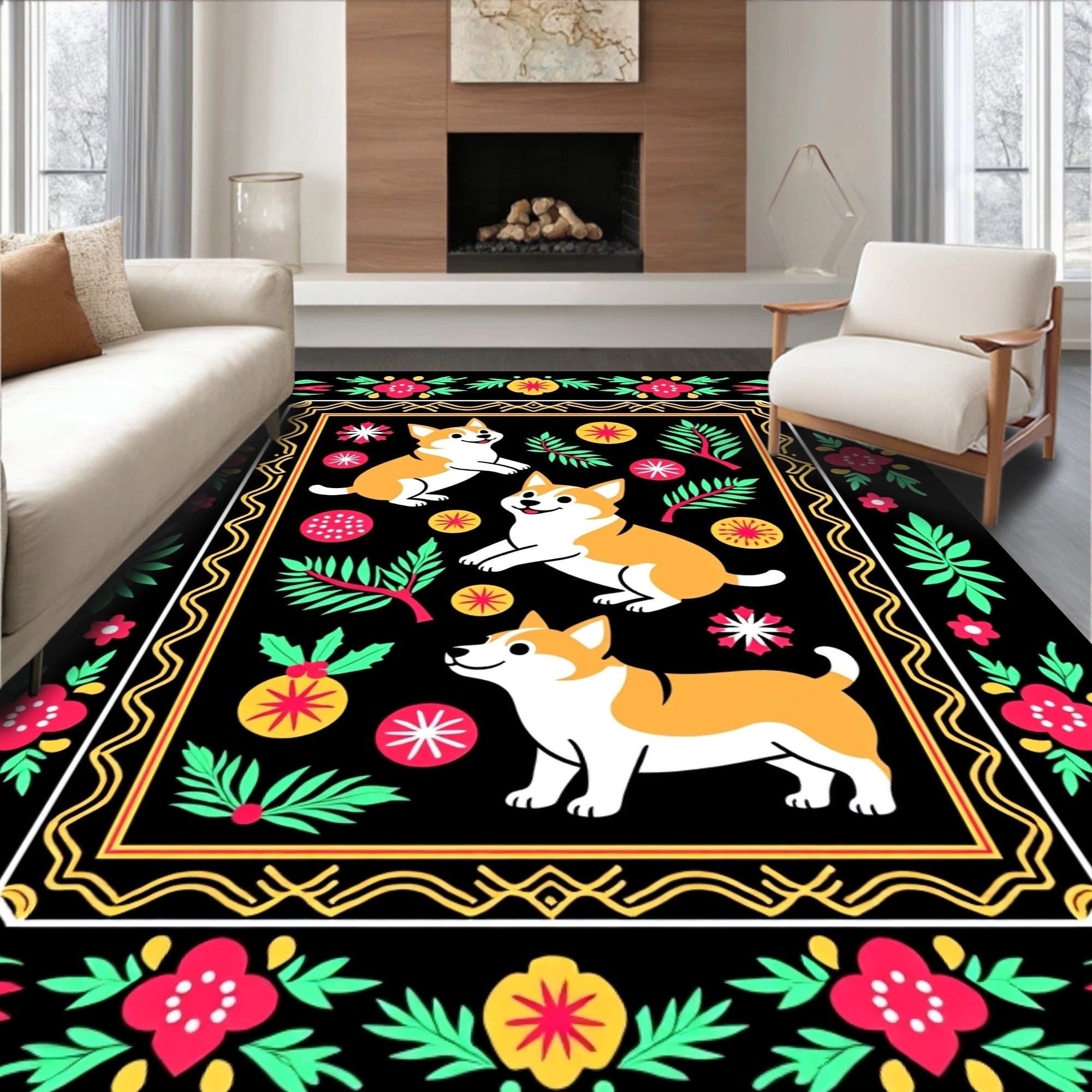 Whimsical Corgi Floral Border Rug