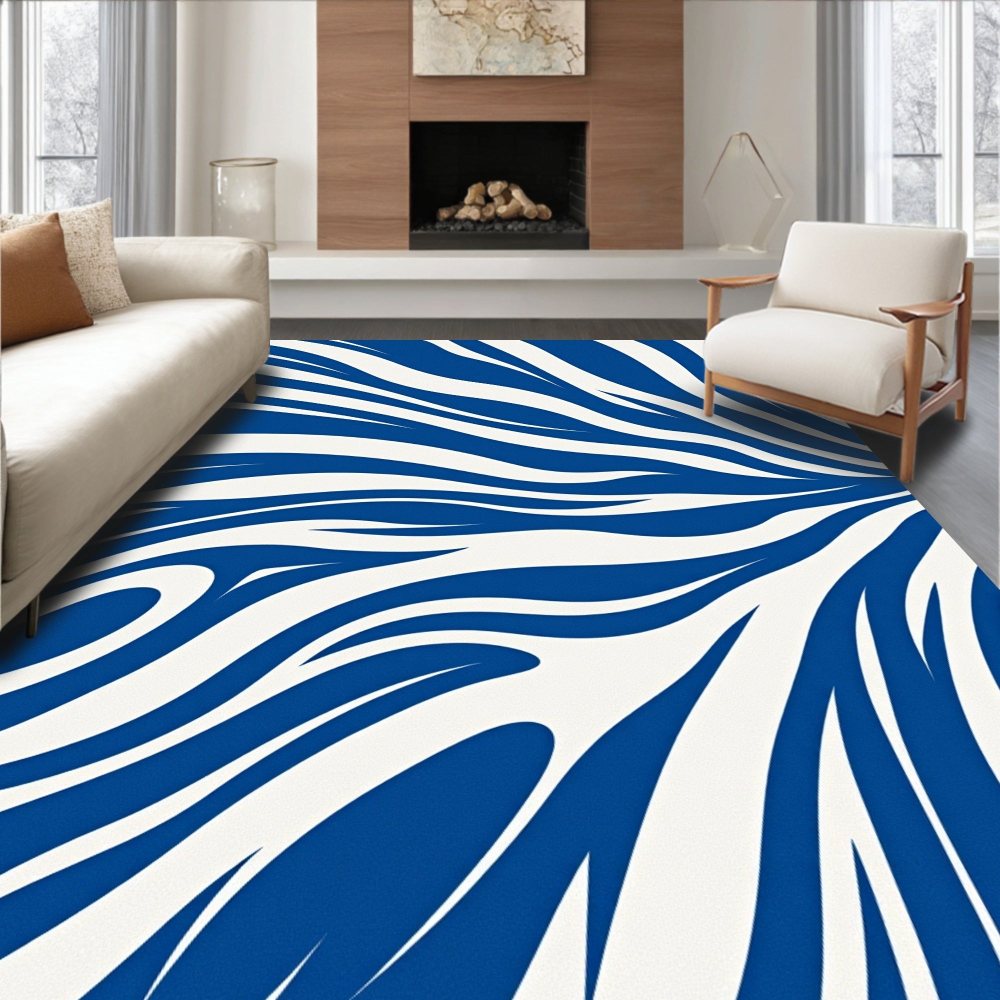 Bold Blue White Curved Stripes Rug