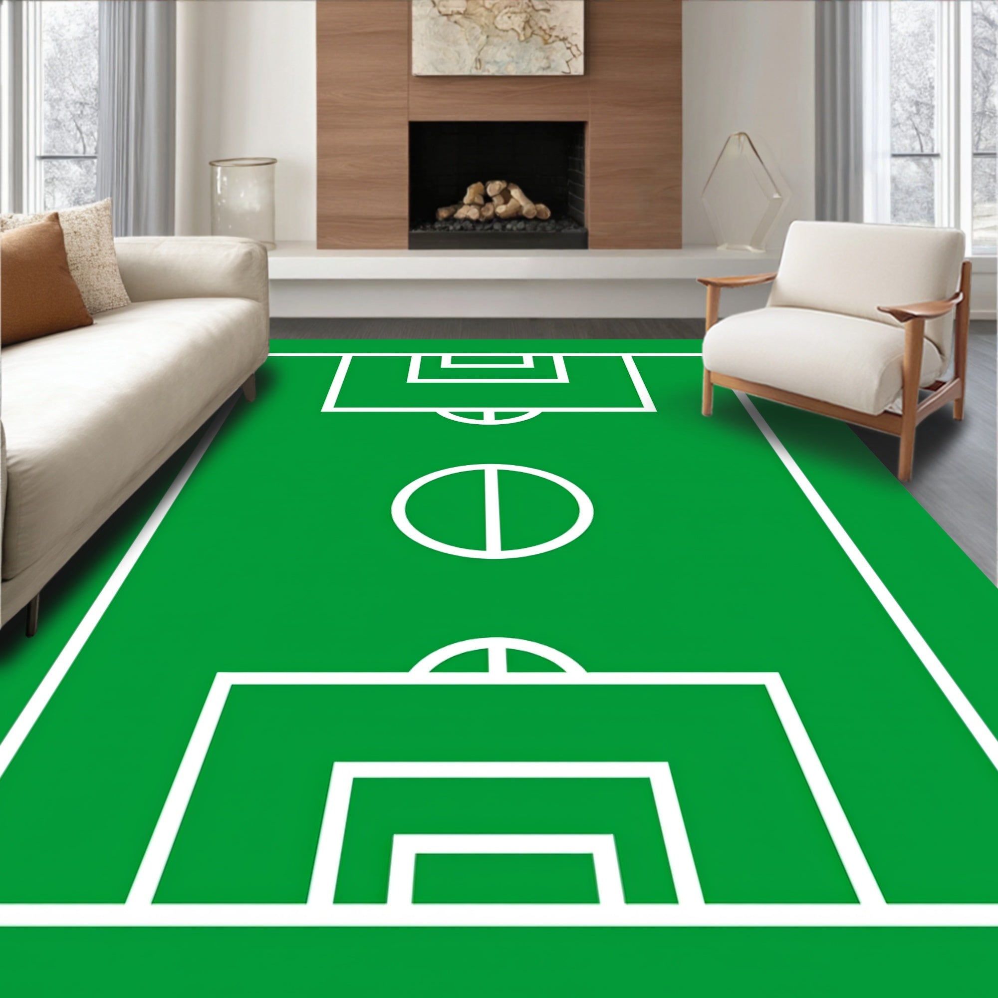 Green Field White Court Lines Rug