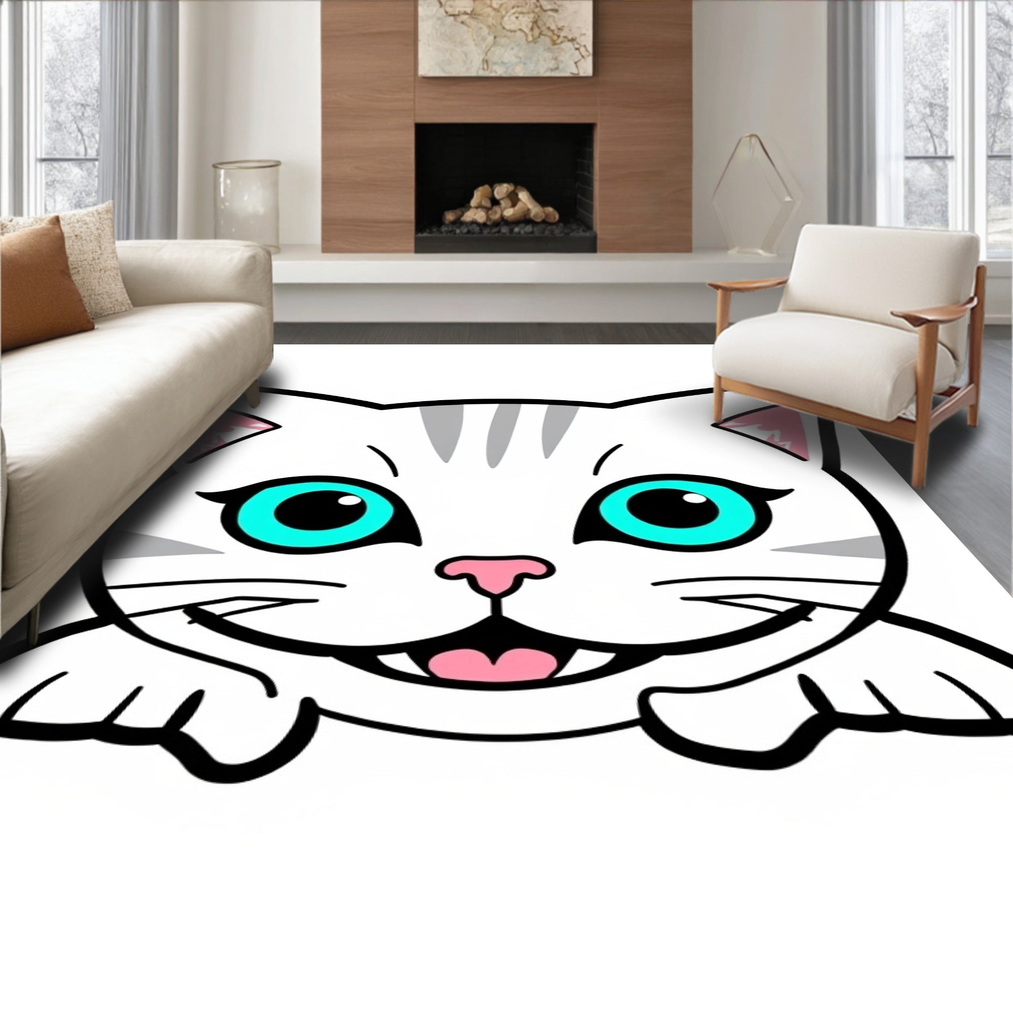 Cute White Cat Blue Eyes Teal Accent Rug