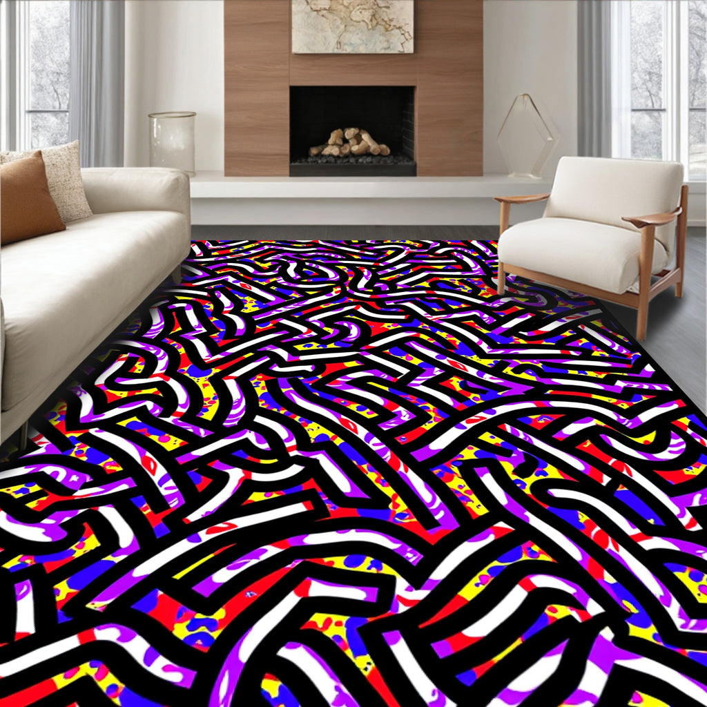 Bold Abstract Maze Red Yellow Violet Lines Rug