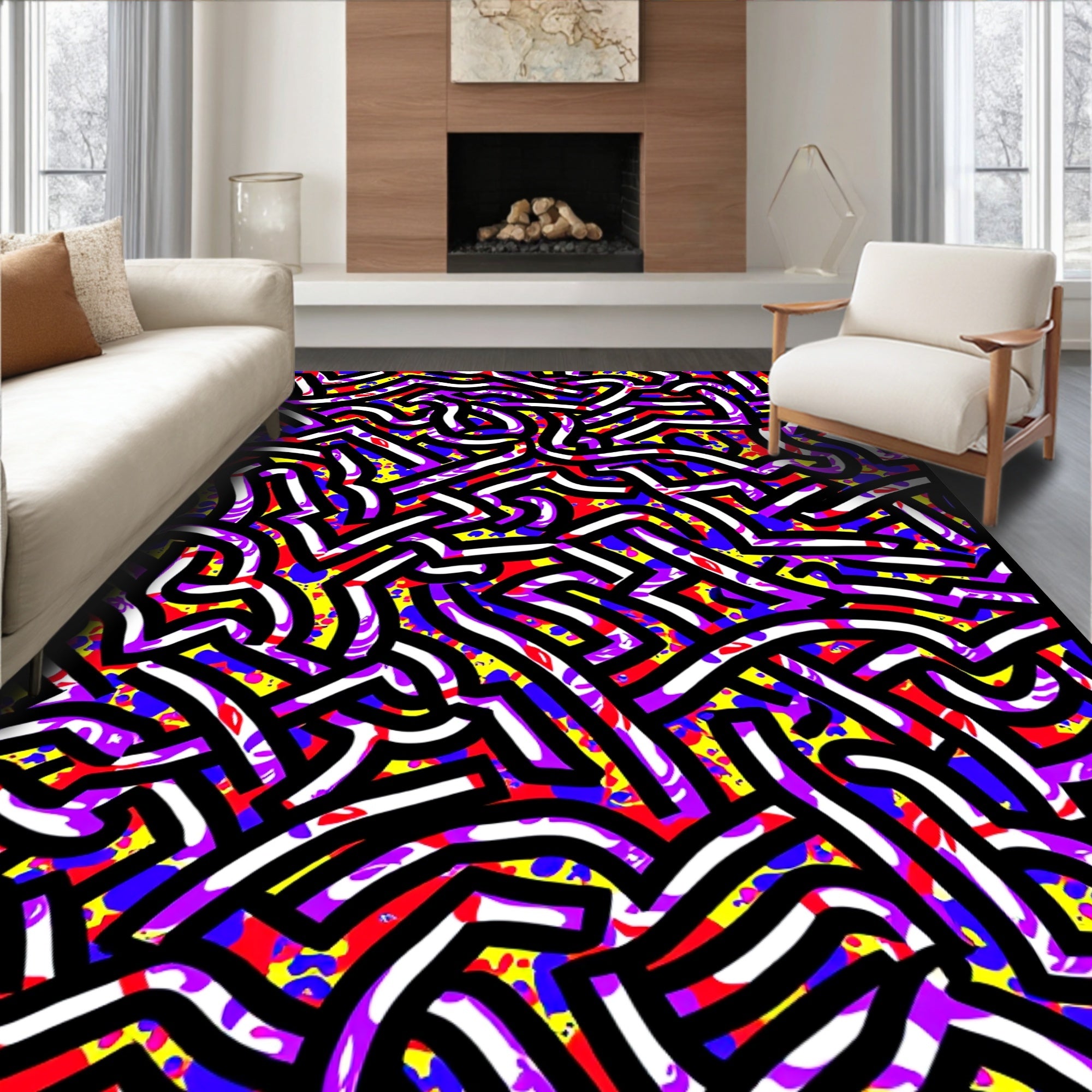 Bold Abstract Maze Red Yellow Violet Lines Rug