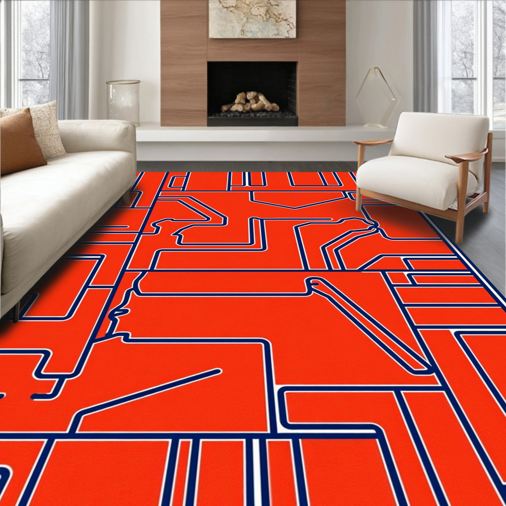 Orange Blue Abstract Geometric Maze Rug