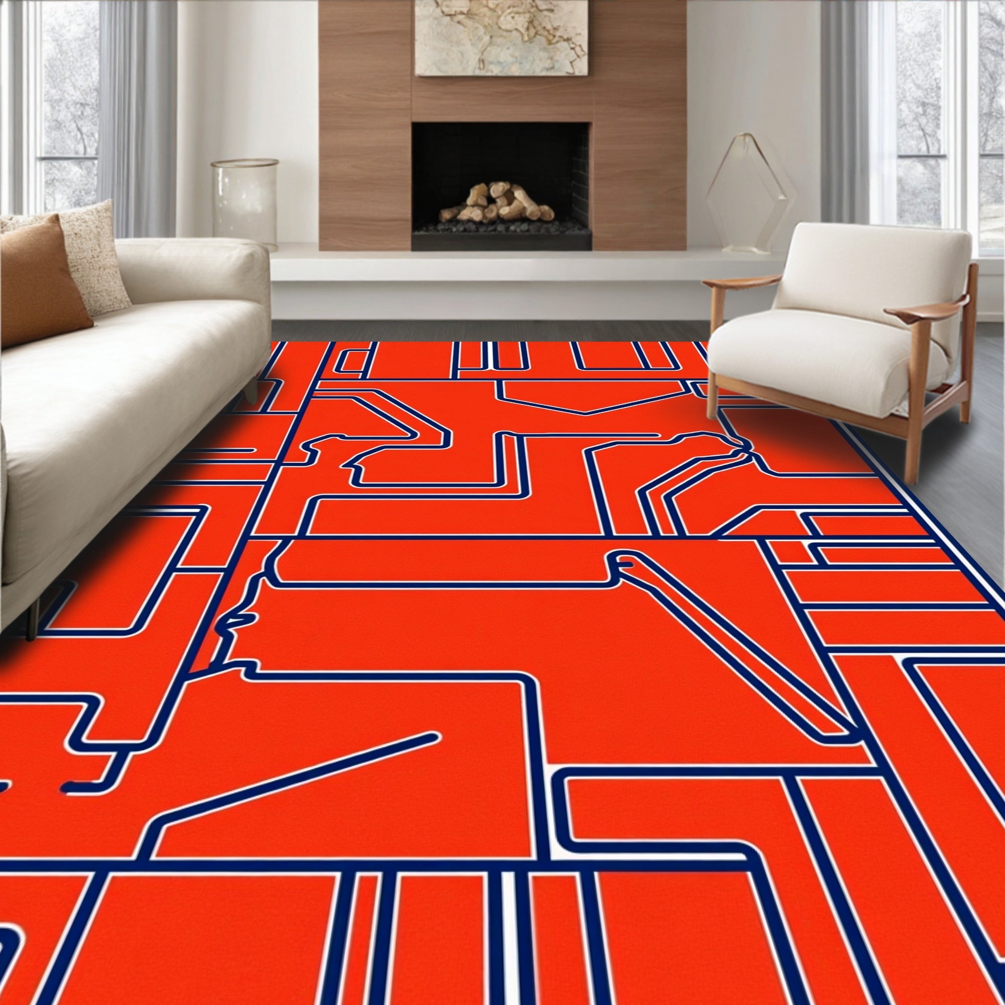 Orange Blue Abstract Geometric Maze Rug