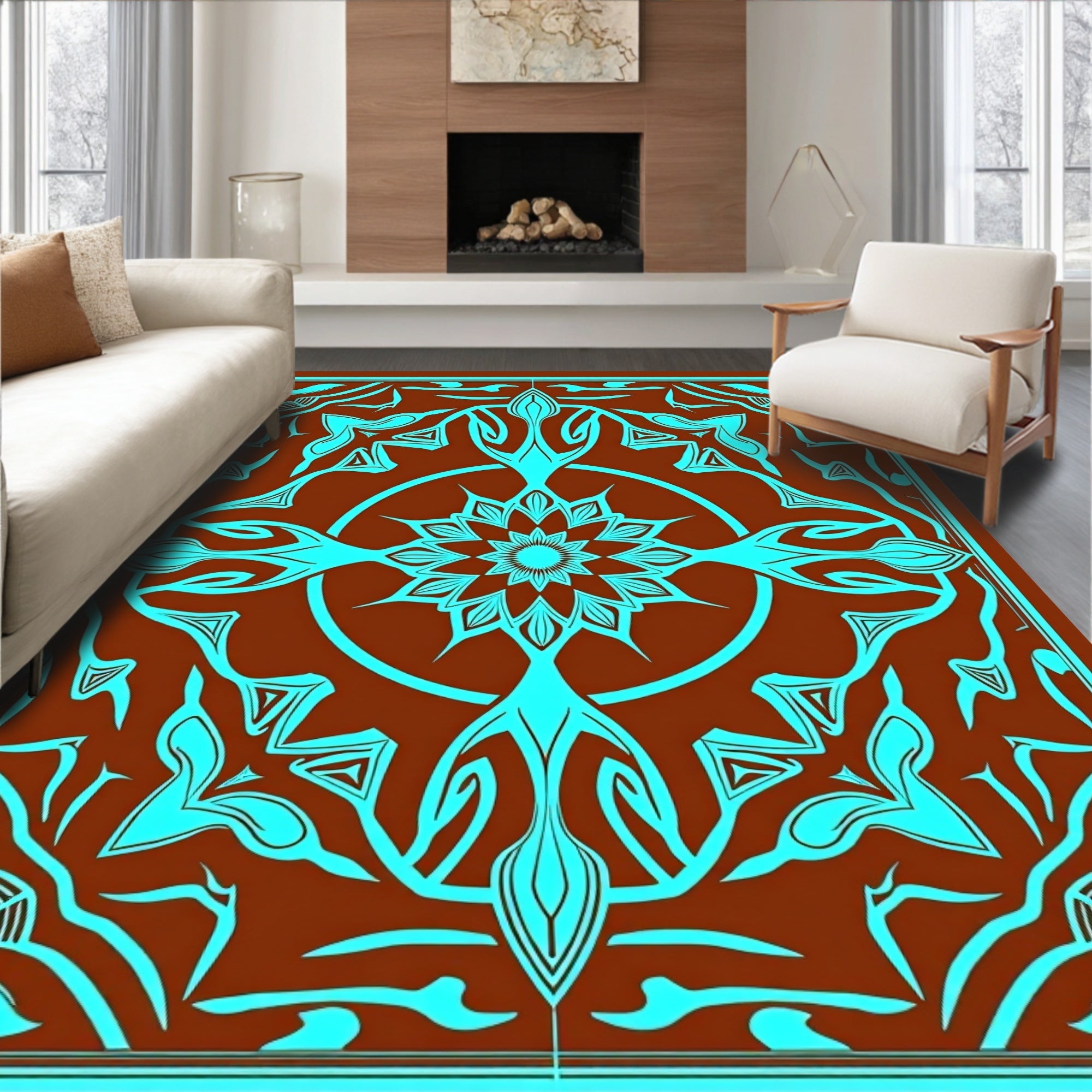 Brown Turquoise Radial Bloom Medallion Rug