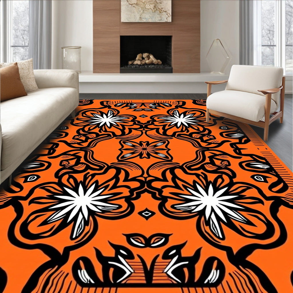 Orange Black White Floral Medallion Rug