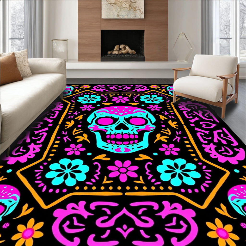 Vibrant Teal Pink Sugar Skull Rug