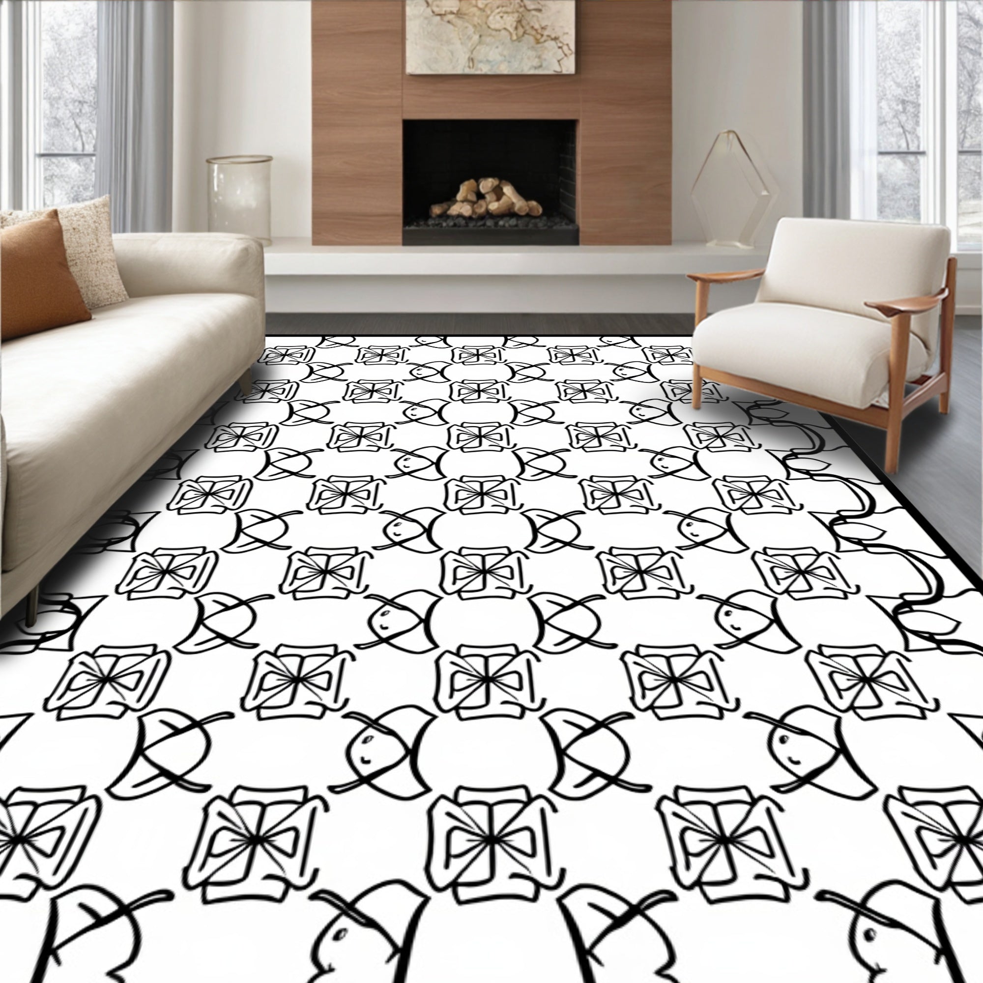 Black White Abstract Interlocking Motif Rug
