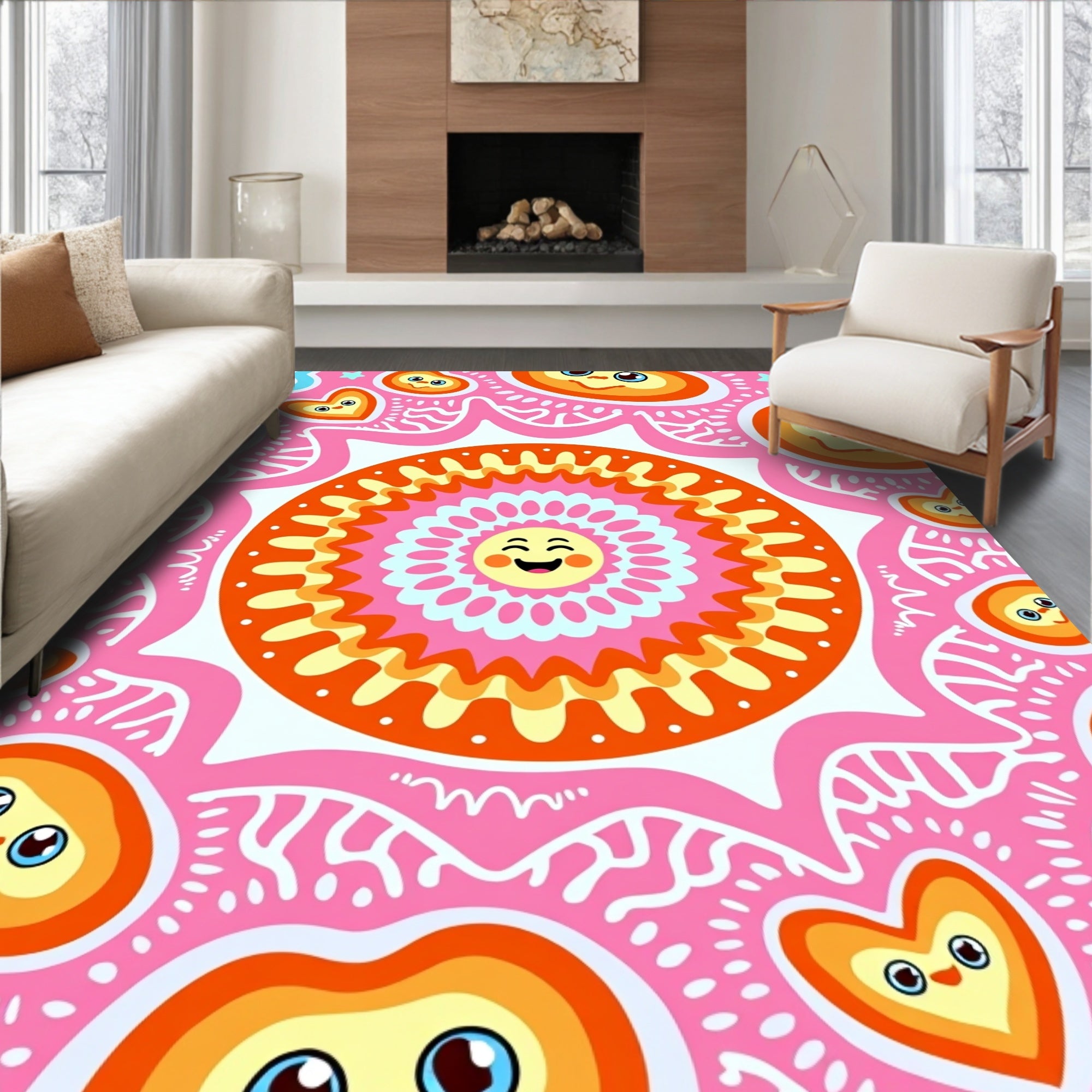 Whimsical Pink Sun Face Hearts Rug