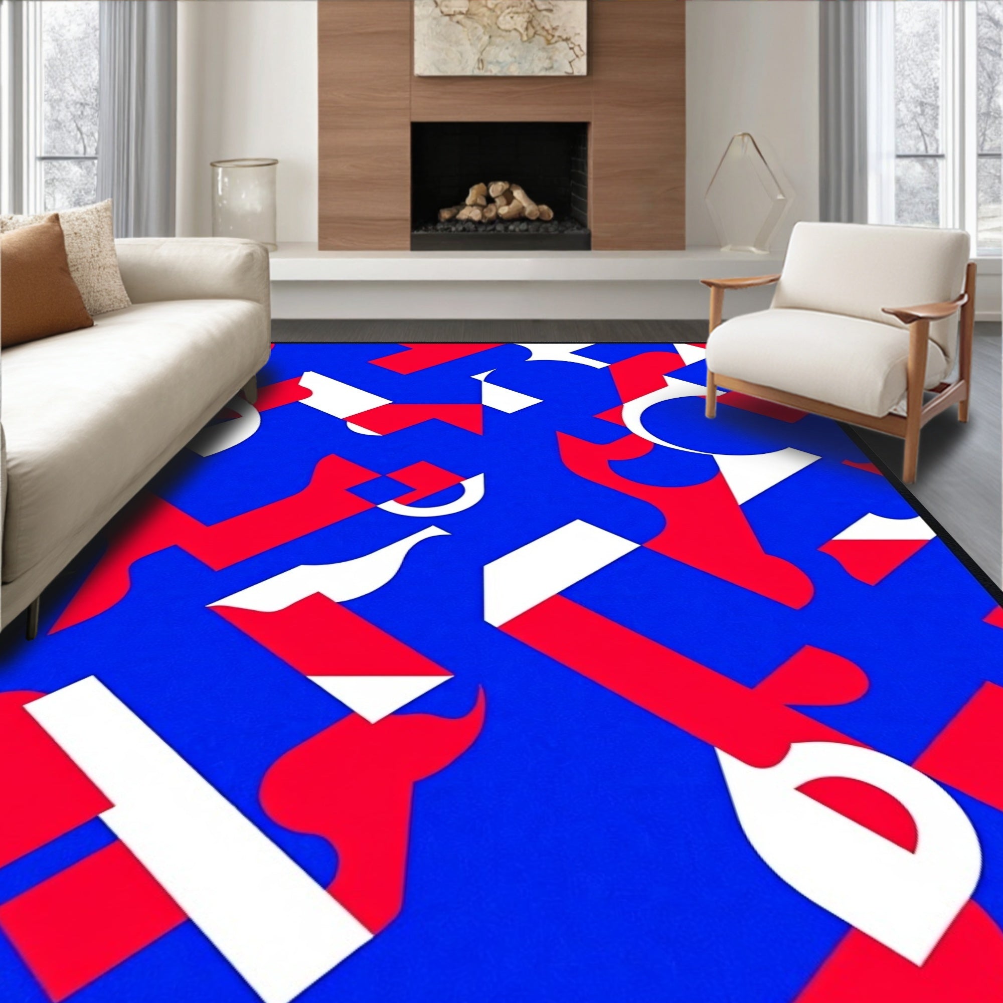 Bold Blue Red White Geometric Abstraction Rug