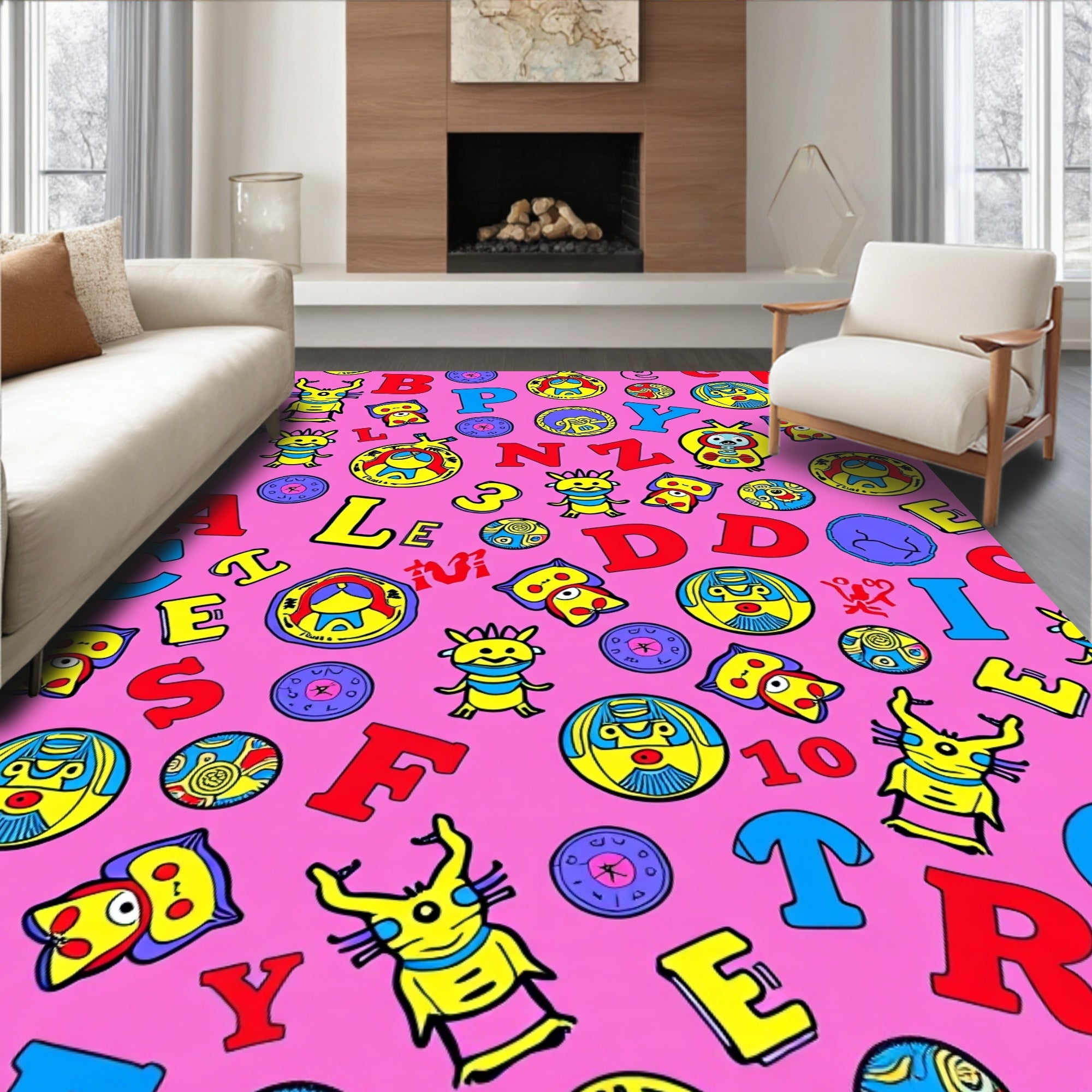 Bright Fuchsia Playful Alphabet Characters Rug