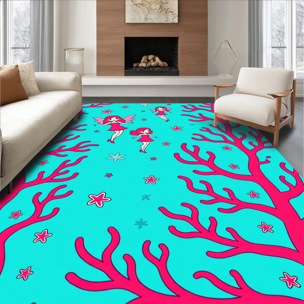 Whimsical Coral Fairies Turquoise Rug
