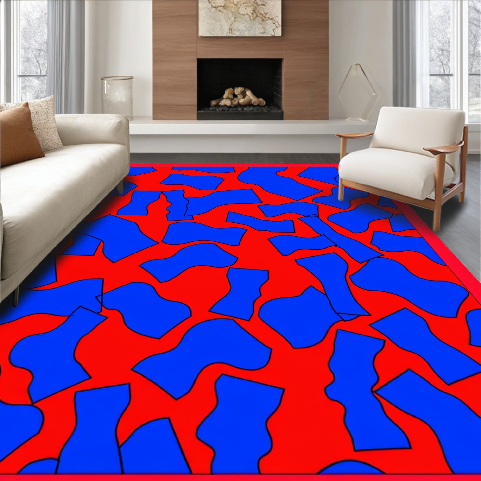 Vivid Red Blue Organic Forms Rug