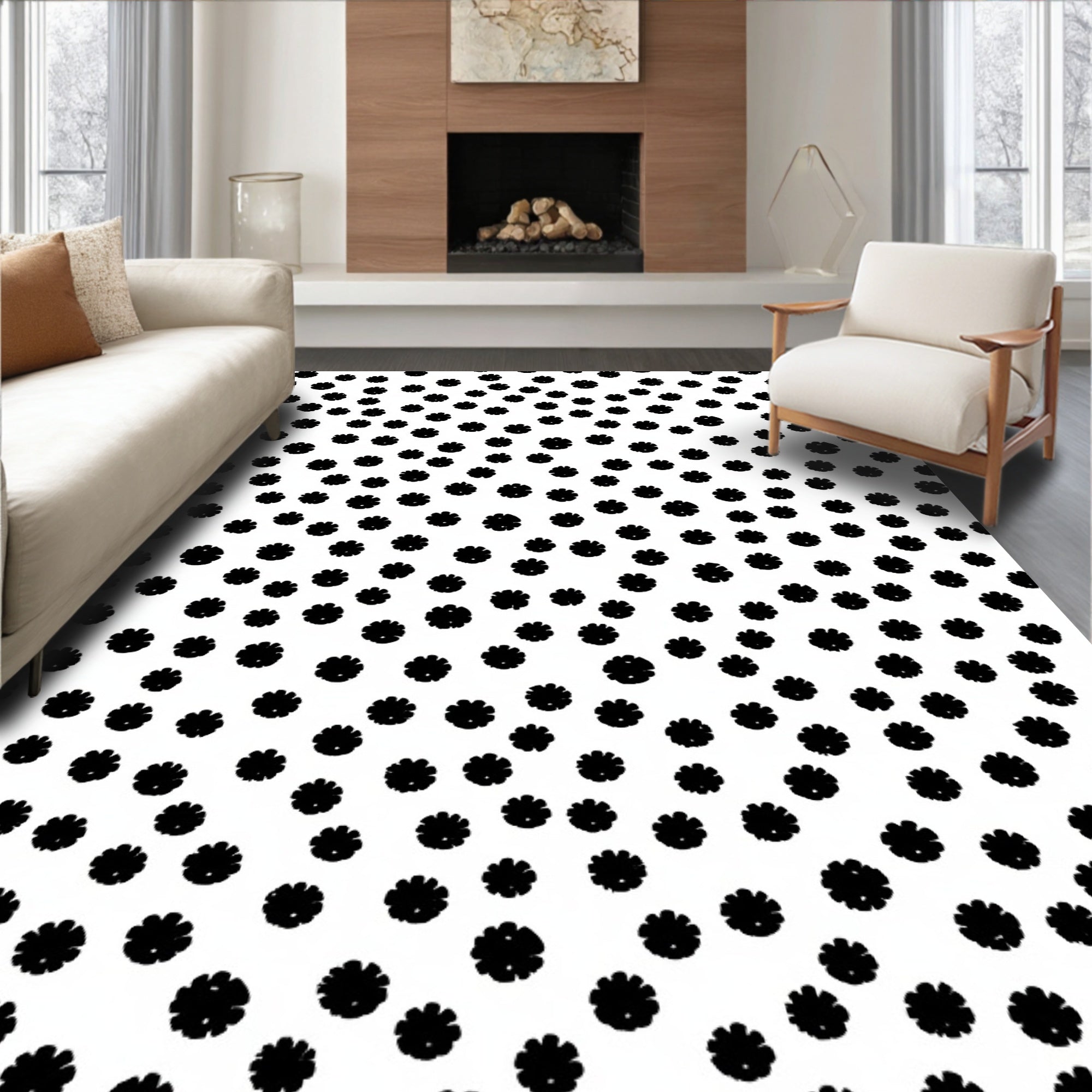 Black White Scattered Floral Accents Rug