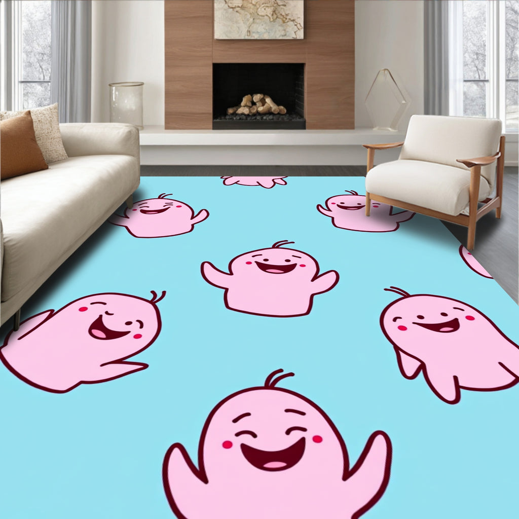 Cheerful Pink Ghost Figures Background Rug