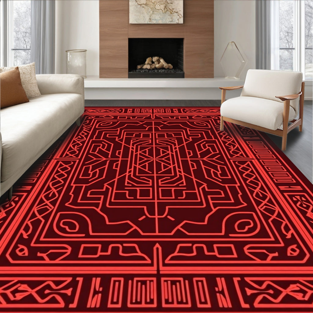 Crimson Linear Geometric Maze Rug