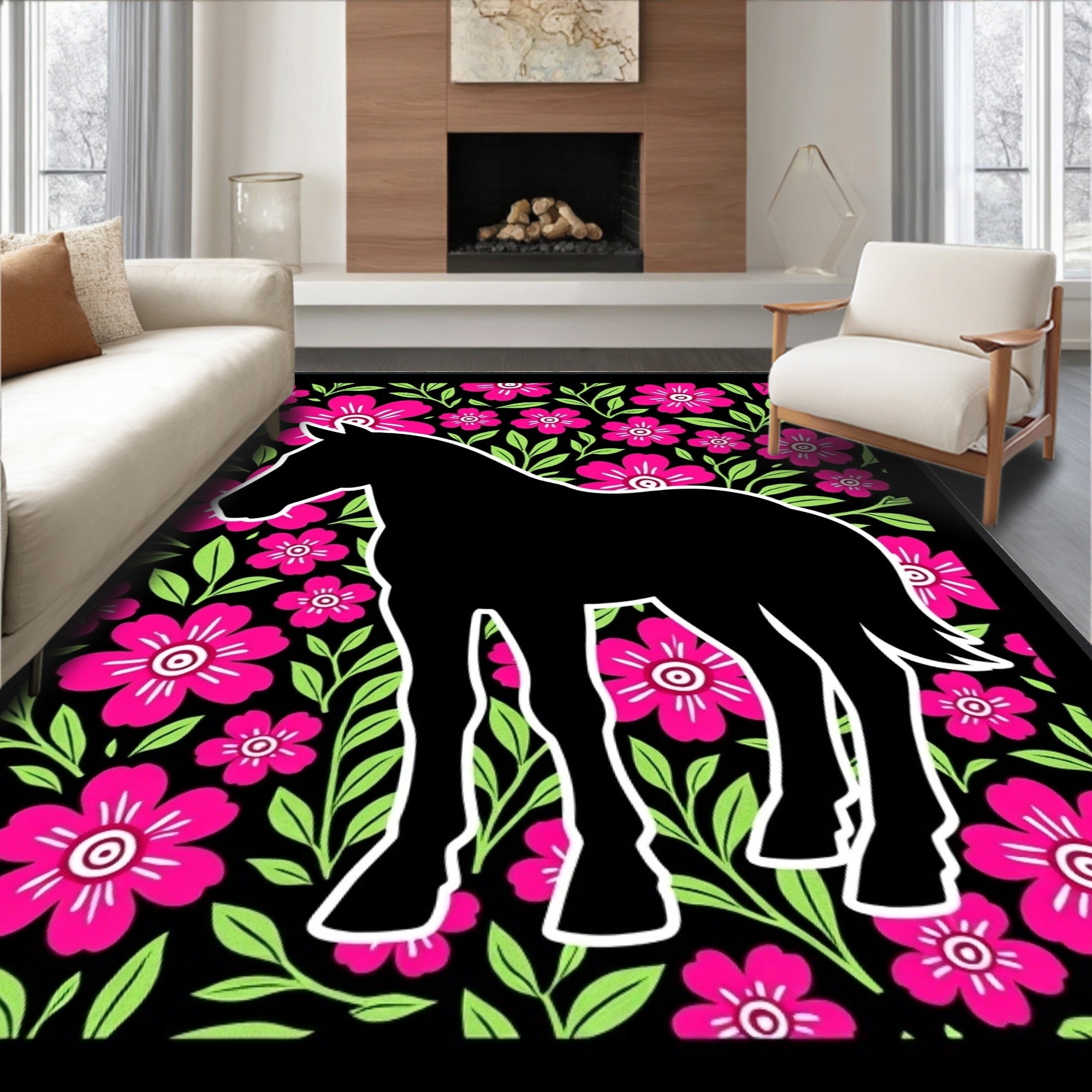 Black Horse Pink Floral Meadow Rug