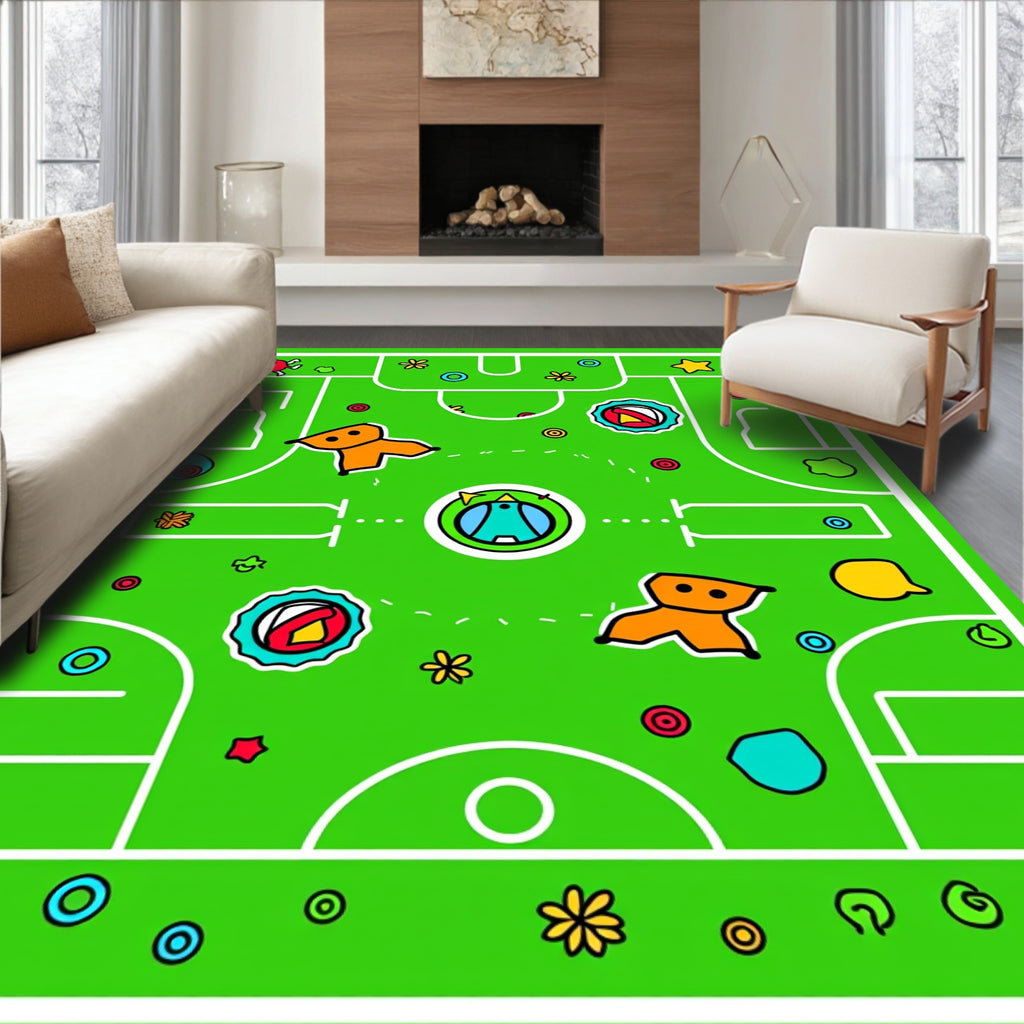 Whimsical Green Field Playful Characters Rug