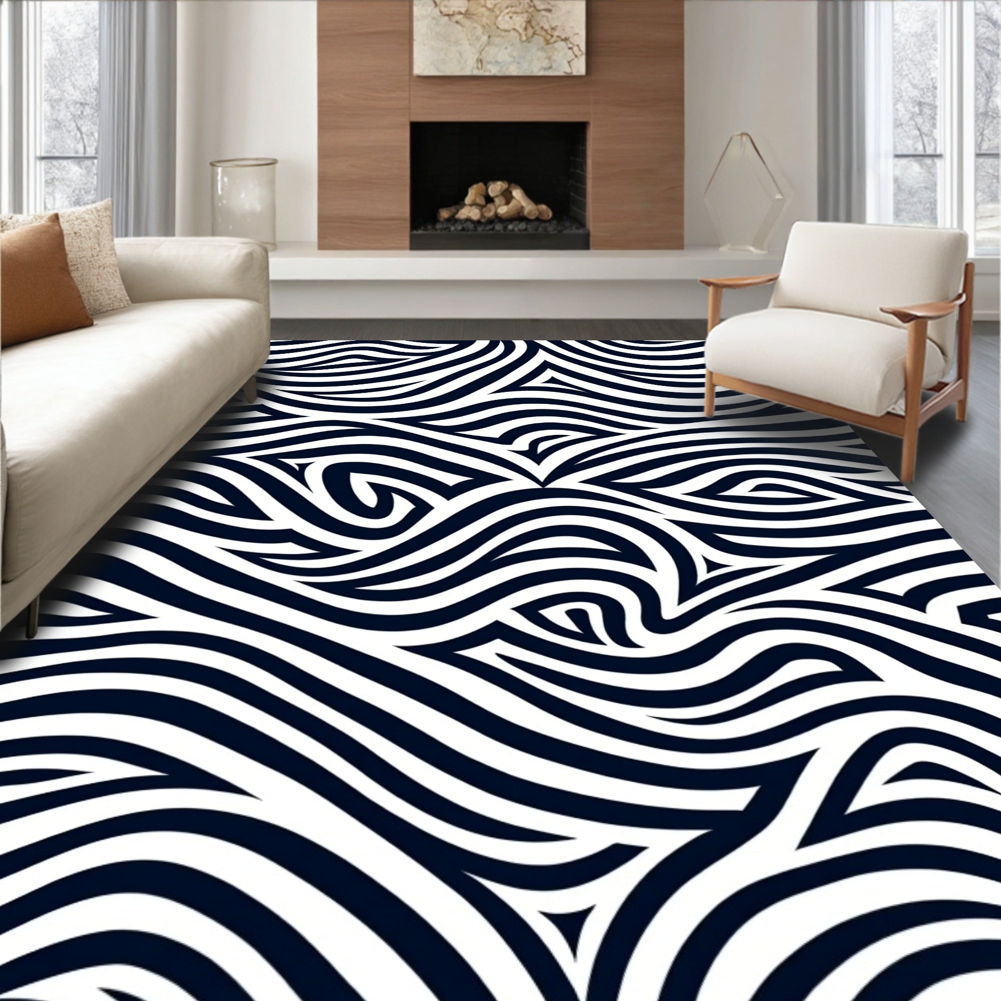 Dark Blue Swirling Abstract Stripe Rug