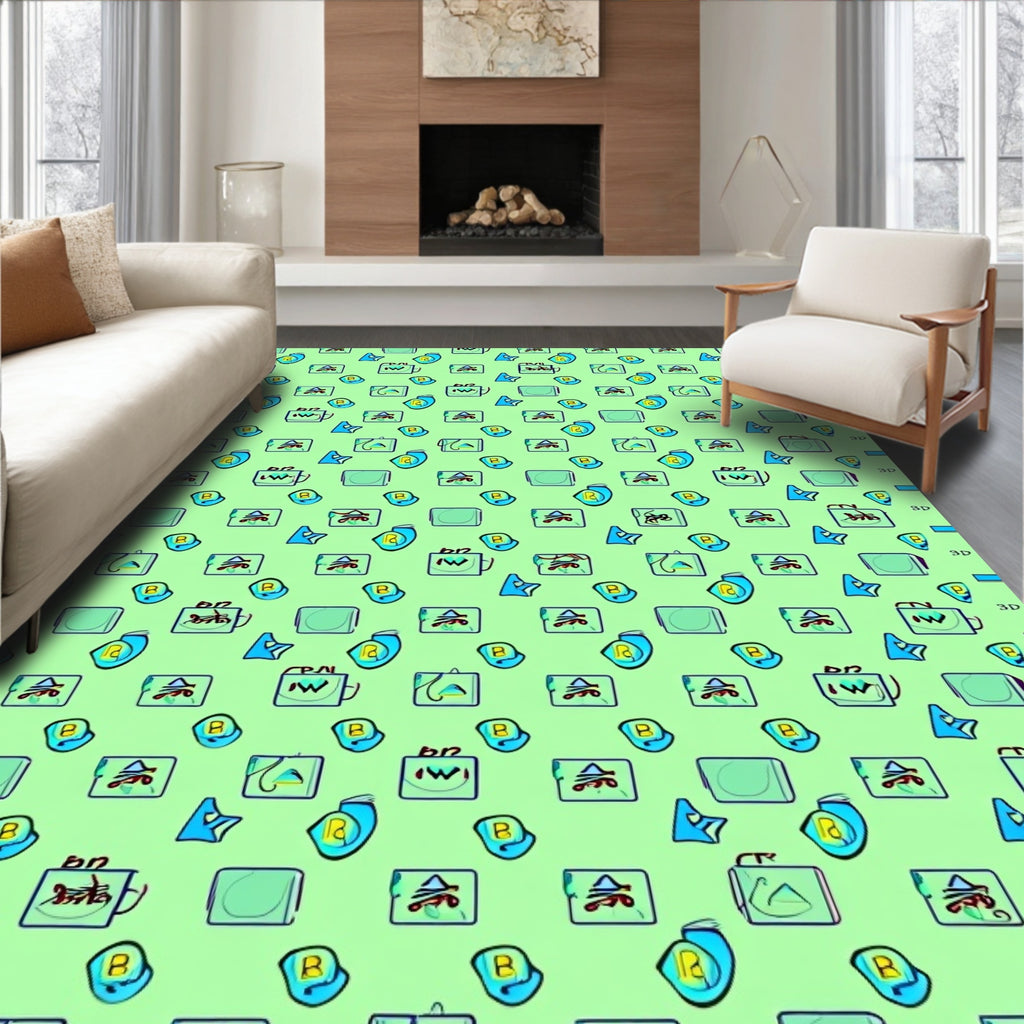 Teal Blue Yellow Objects Geometric Rug
