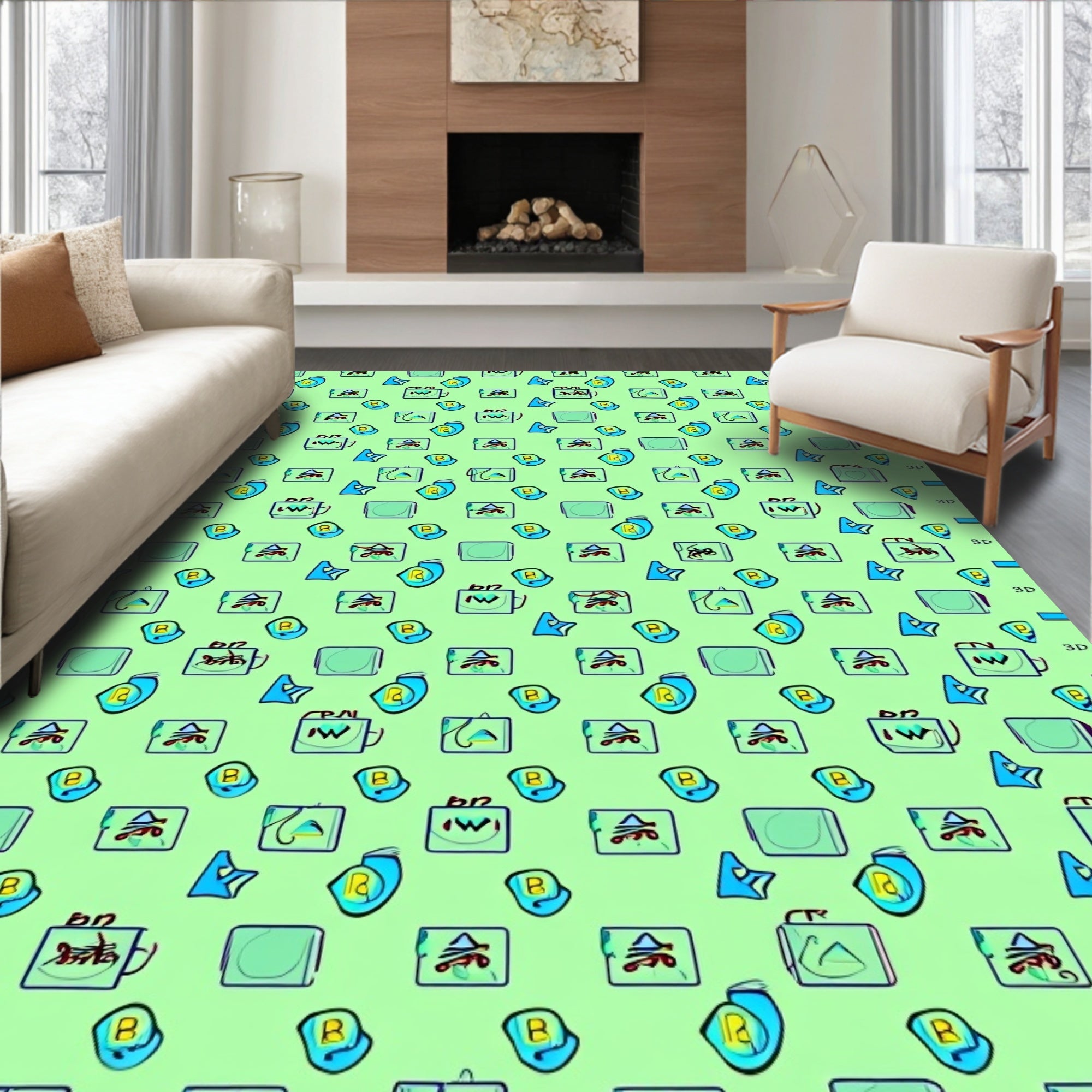 Teal Blue Yellow Objects Geometric Rug